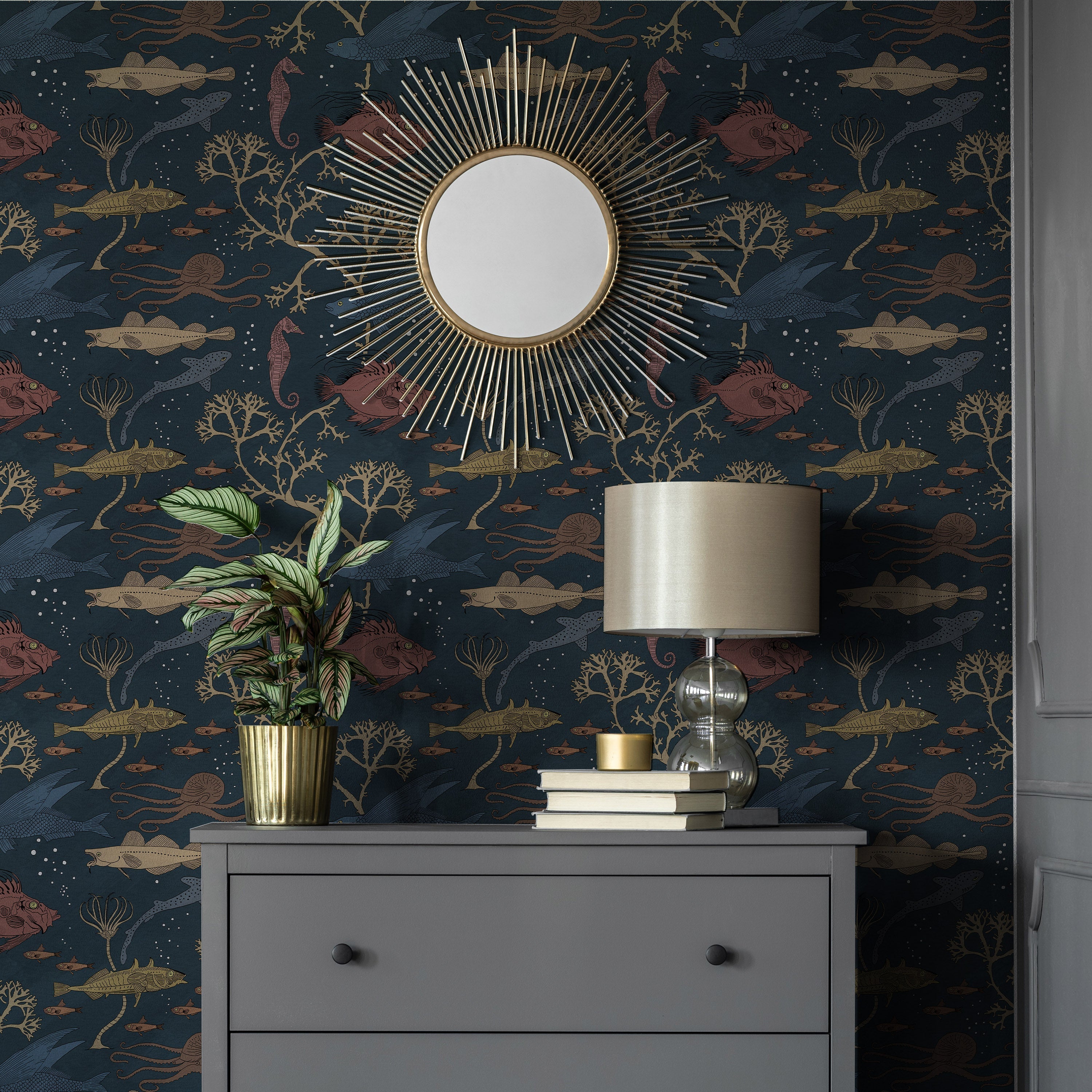 Maurice Pillard Verneuil x Sea Creatures Peel and Stick Wallpaper, Removable Wallpaper, Traditional Wallpaper - Deep Blue | DeccoPrint