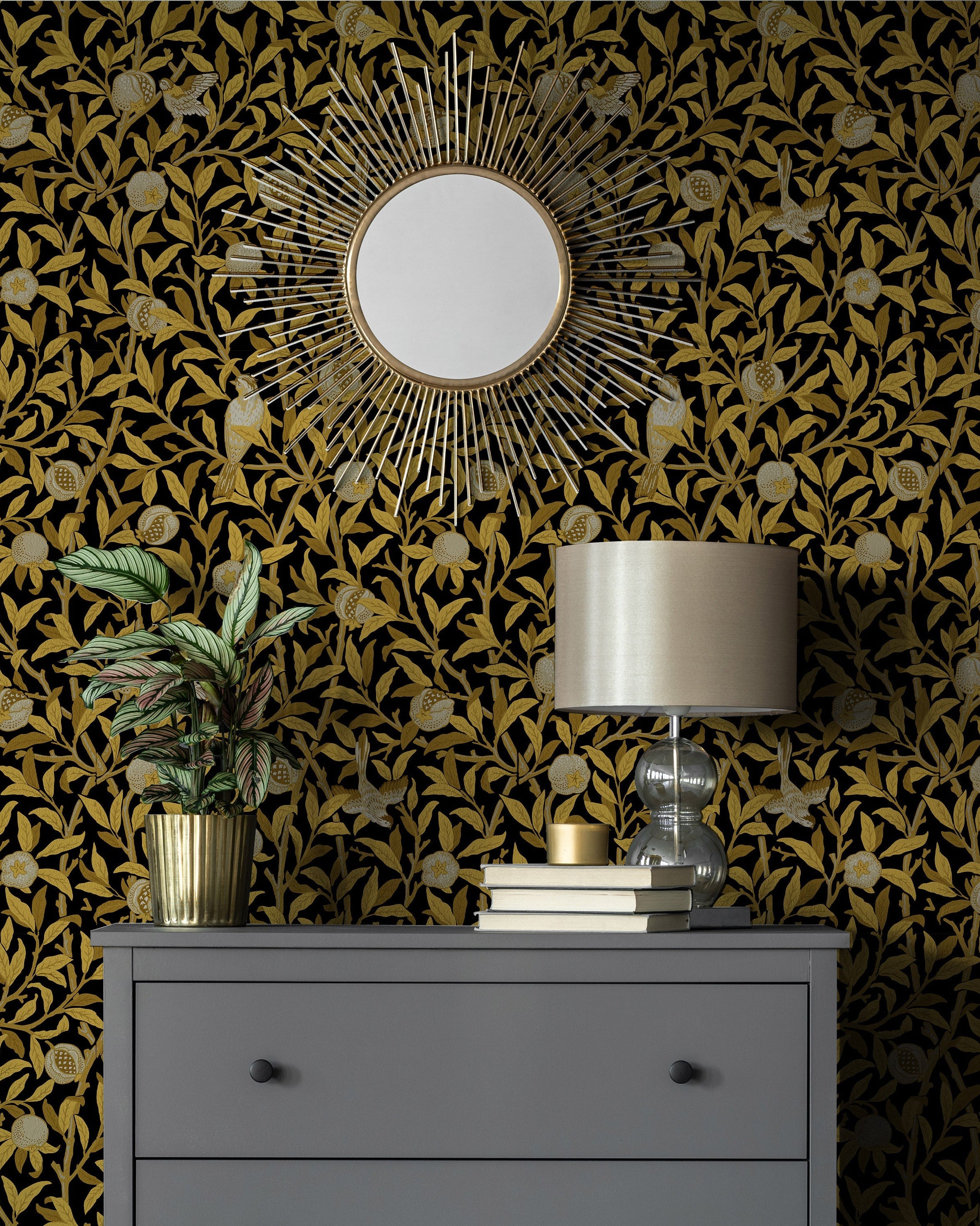 William Morris X Bird and Pomegranate Peel and Stick Wallpaper, Removable Wallpaper, Traditional Wallpaper - Gold | DeccoPrint