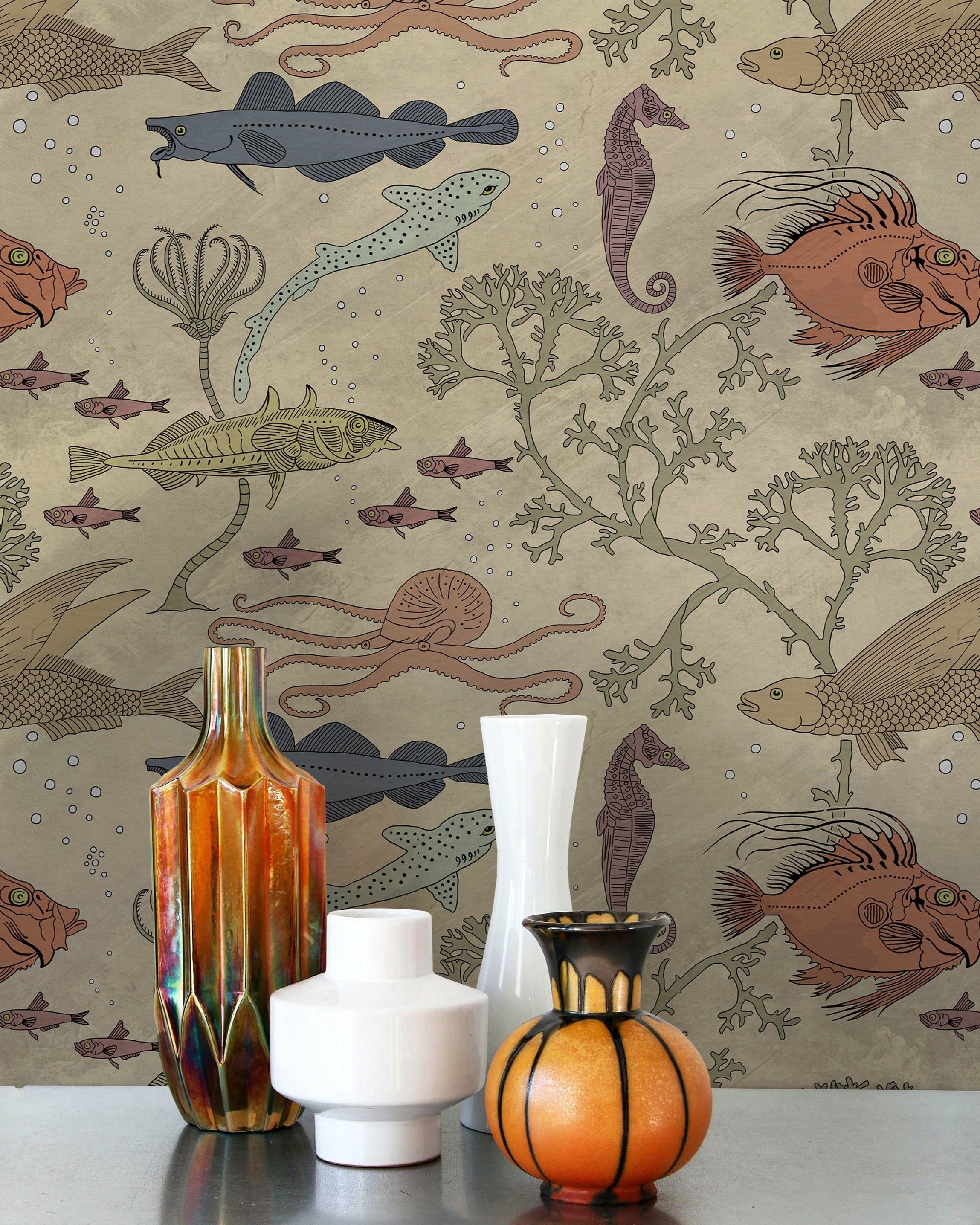 Maurice Pillard Verneuil x Sea Creatures Peel and Stick Wallpaper, Removable Wallpaper, Traditional Wallpaper - Antique Beige | DeccoPrint