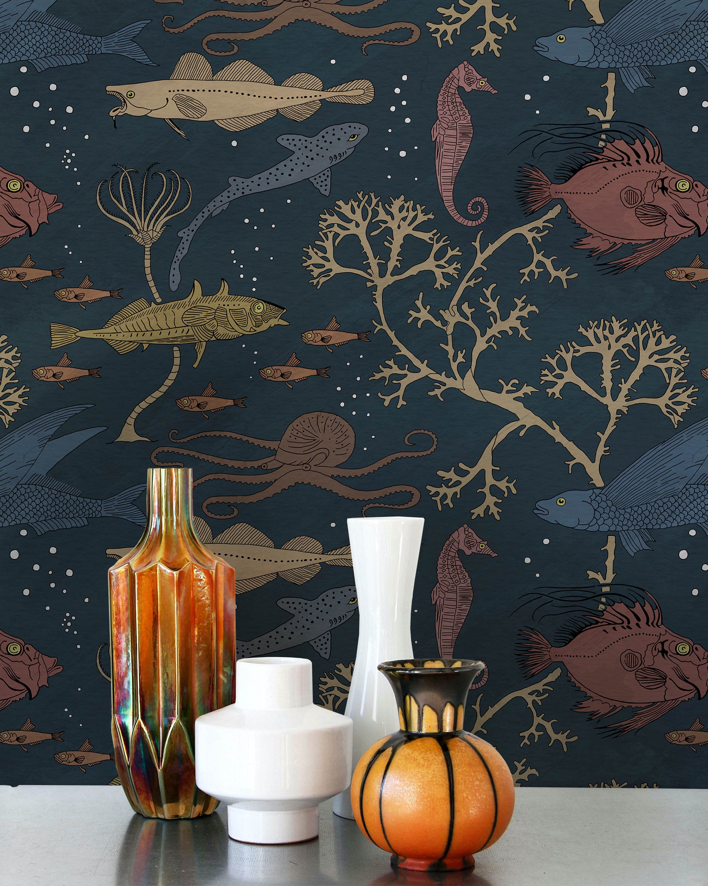 Maurice Pillard Verneuil x Sea Creatures Peel and Stick Wallpaper, Removable Wallpaper, Traditional Wallpaper - Deep Blue | DeccoPrint