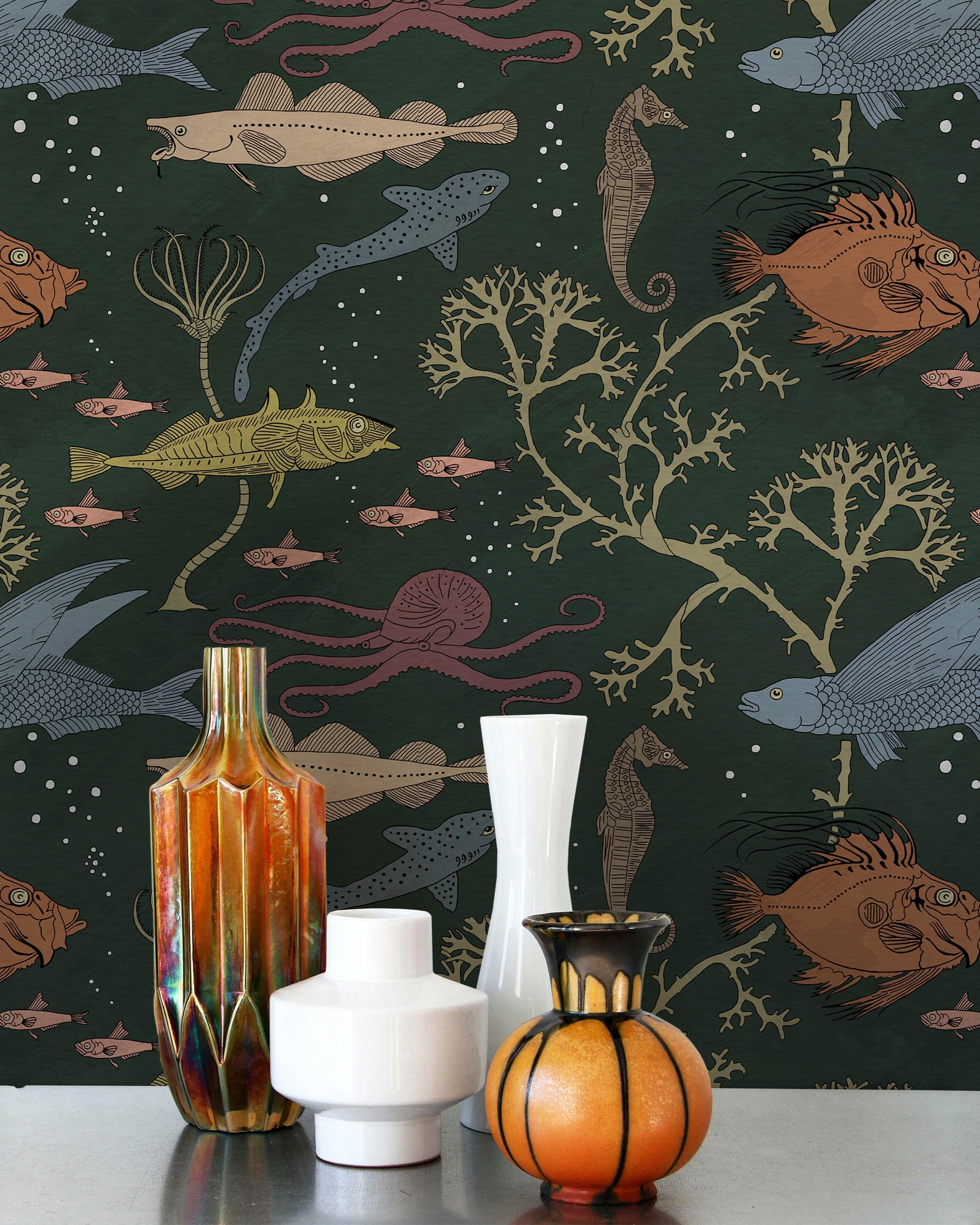 Maurice Pillard Verneuil x Sea Creatures Peel and Stick Wallpaper, Removable Wallpaper, Traditional Wallpaper - Dark Green | DeccoPrint
