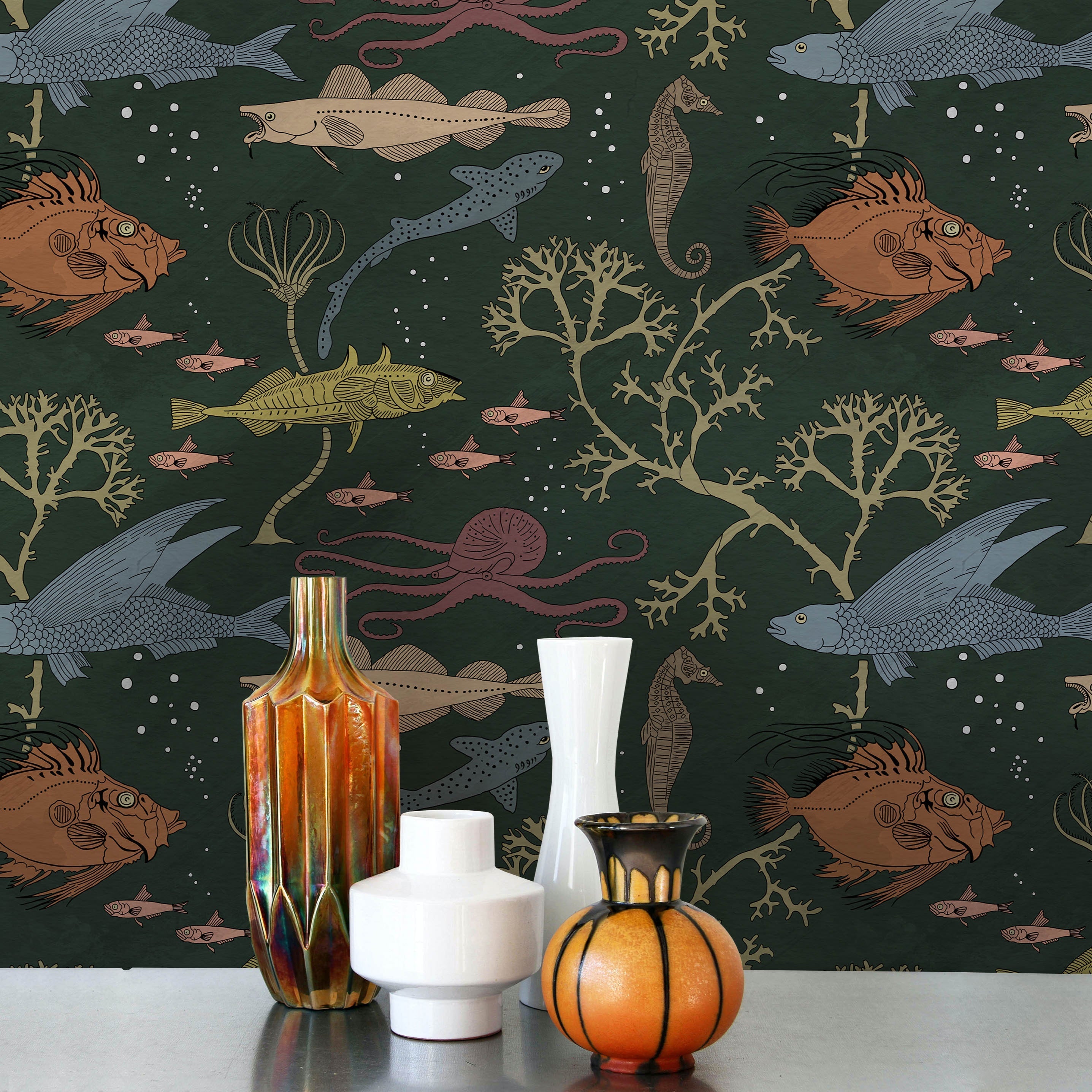 Maurice Pillard Verneuil x Sea Creatures Peel and Stick Wallpaper, Removable Wallpaper, Traditional Wallpaper - Dark Green | DeccoPrint