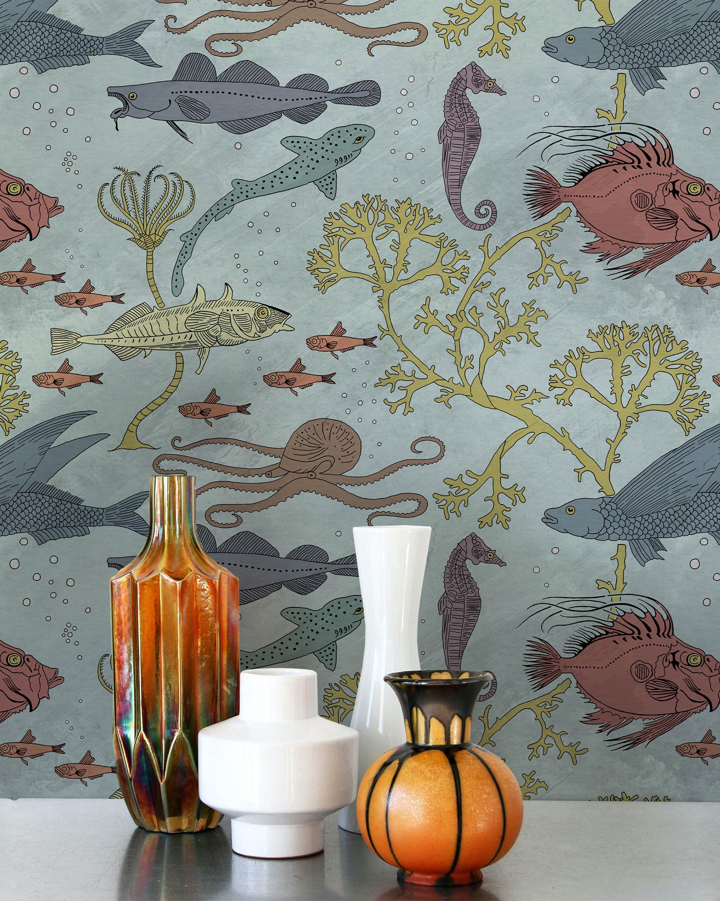 Maurice Pillard Verneuil x Sea Creatures Peel and Stick Wallpaper, Removable Wallpaper, Traditional Wallpaper - Light Blue | DeccoPrint