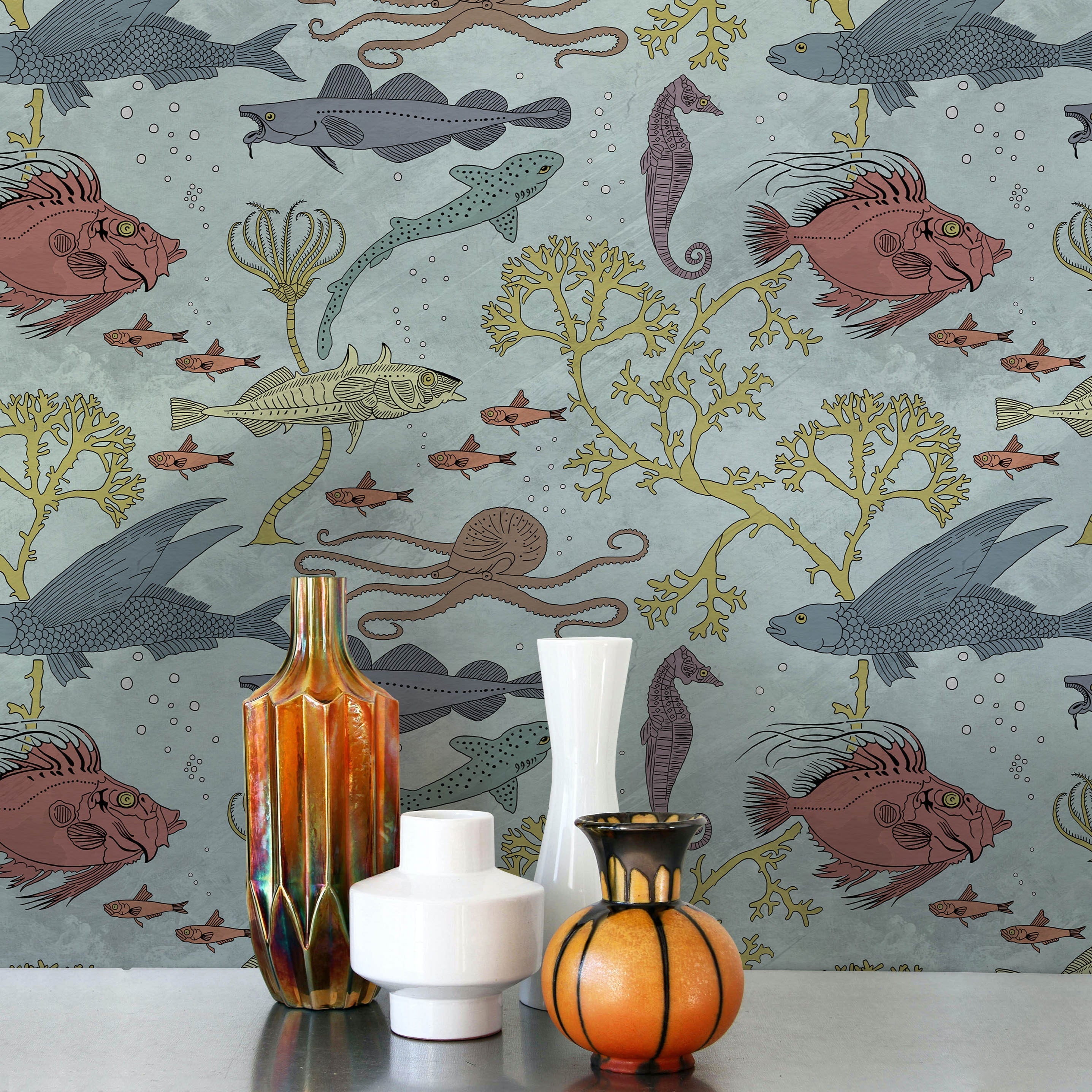 Maurice Pillard Verneuil x Sea Creatures Peel and Stick Wallpaper, Removable Wallpaper, Traditional Wallpaper - Light Blue | DeccoPrint