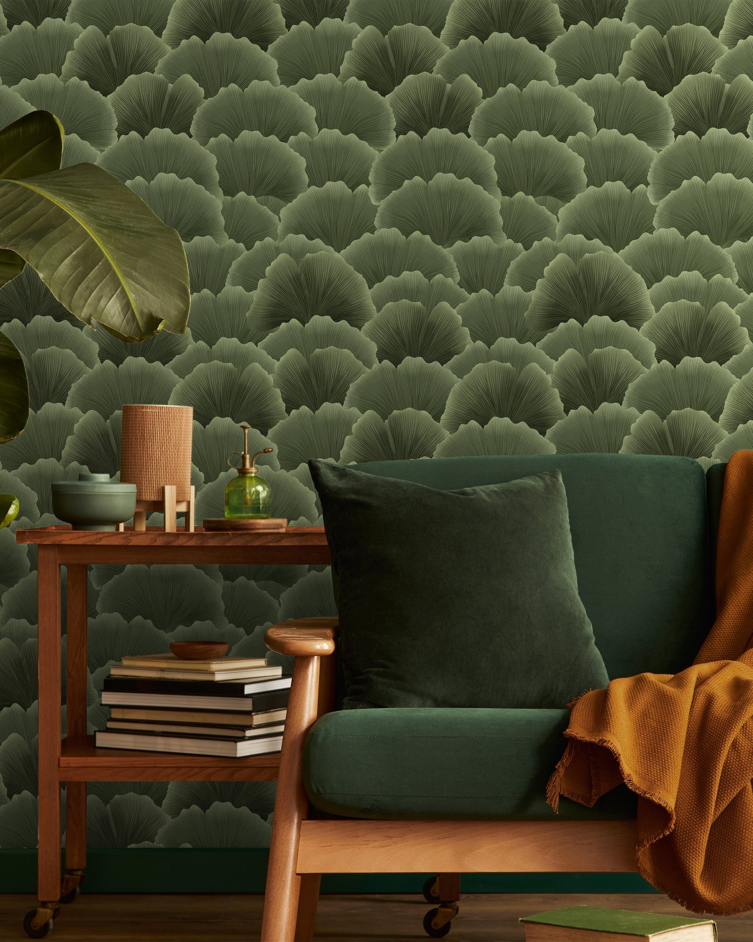 Ginkgo Waves Peel and Stick Wallpaper, Removable Wallpaper, Traditional Wallpaper - Green | DeccoPrint