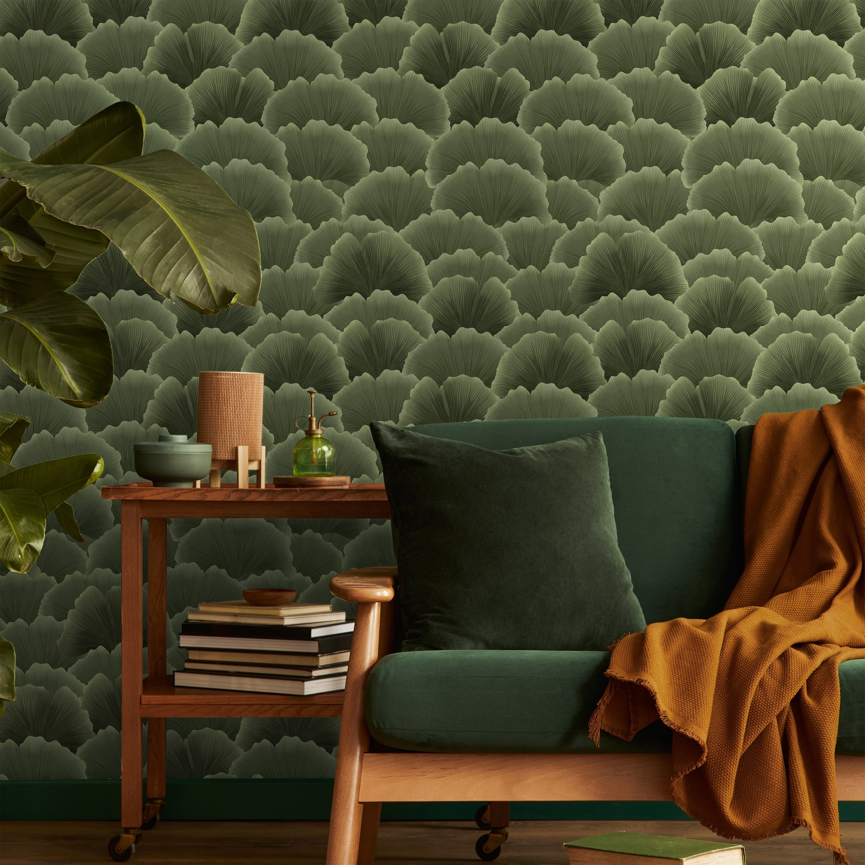 Ginkgo Waves Peel and Stick Wallpaper, Removable Wallpaper, Traditional Wallpaper - Green | DeccoPrint