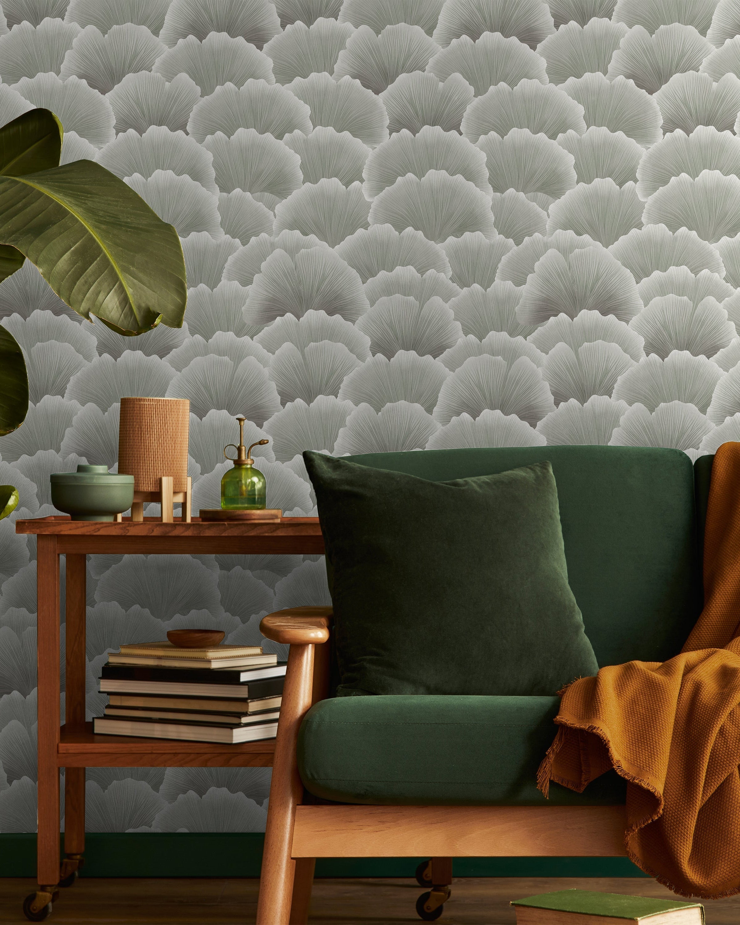 Ginkgo Waves Peel and Stick Wallpaper, Removable Wallpaper, Traditional Wallpaper - Ash Green | DeccoPrint