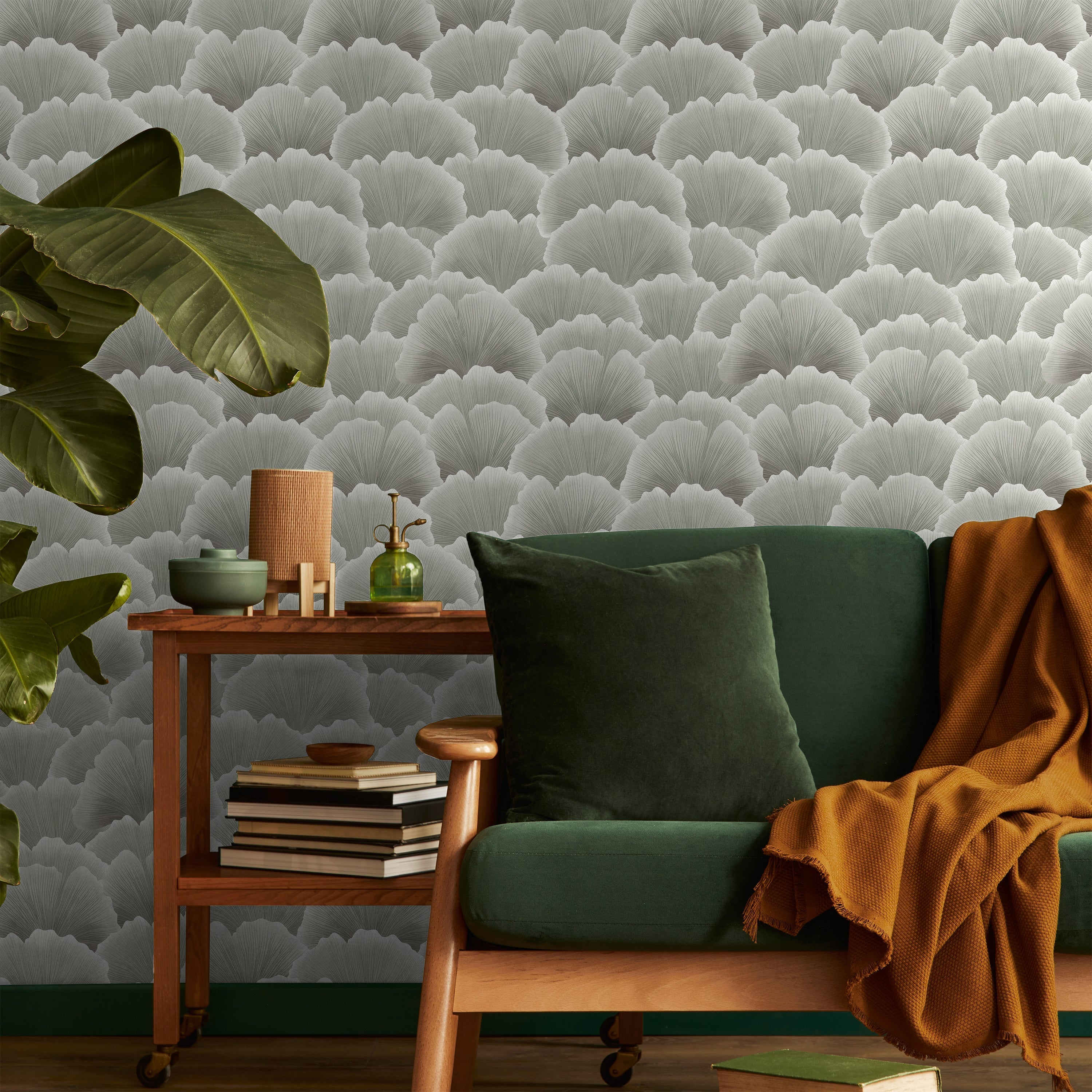 Ginkgo Waves Peel and Stick Wallpaper, Removable Wallpaper, Traditional Wallpaper - Ash Green | DeccoPrint