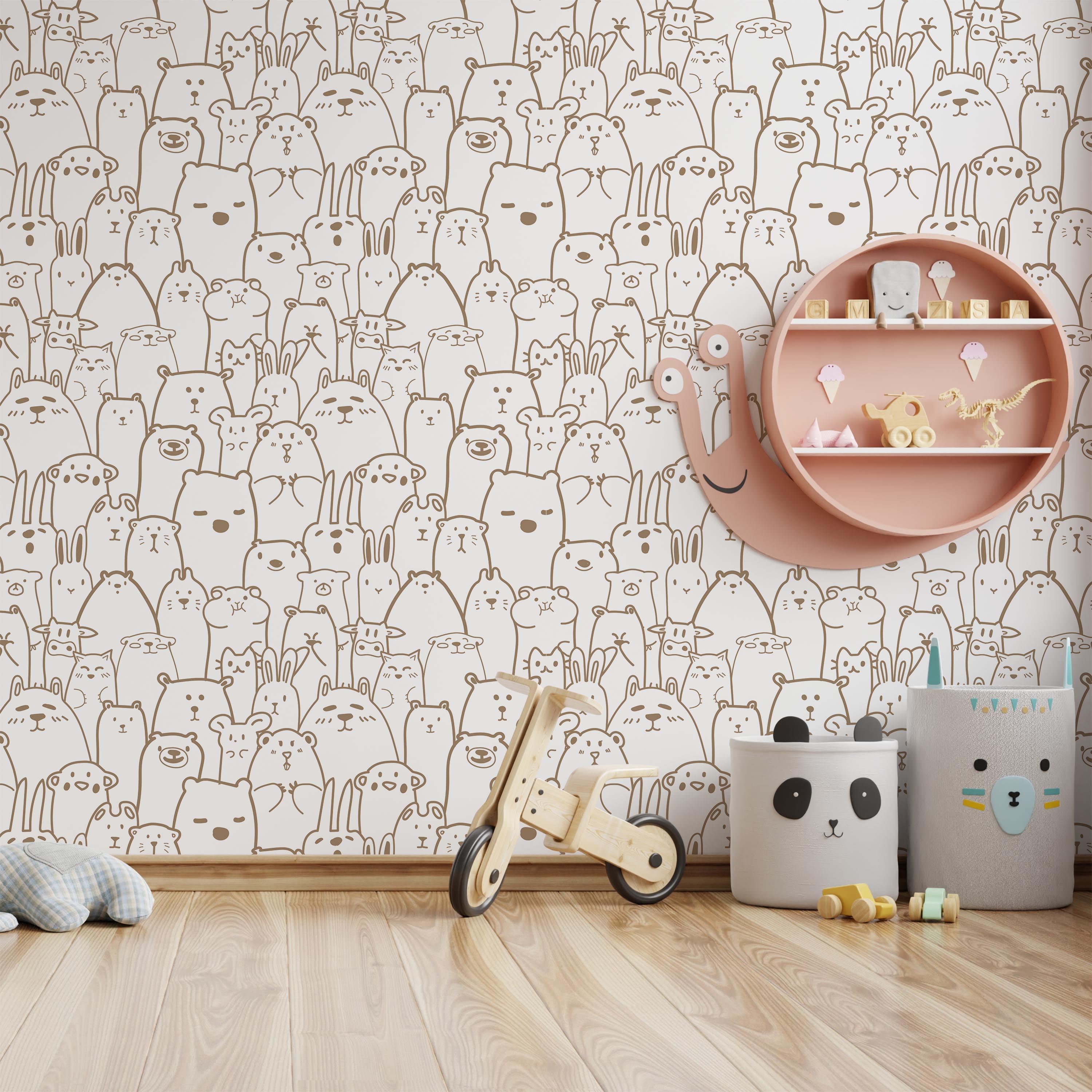 Animal Doodles Peel and Stick Wallpaper, Removable Wallpaper, Traditional Wallpaper - Brown | DeccoPrint