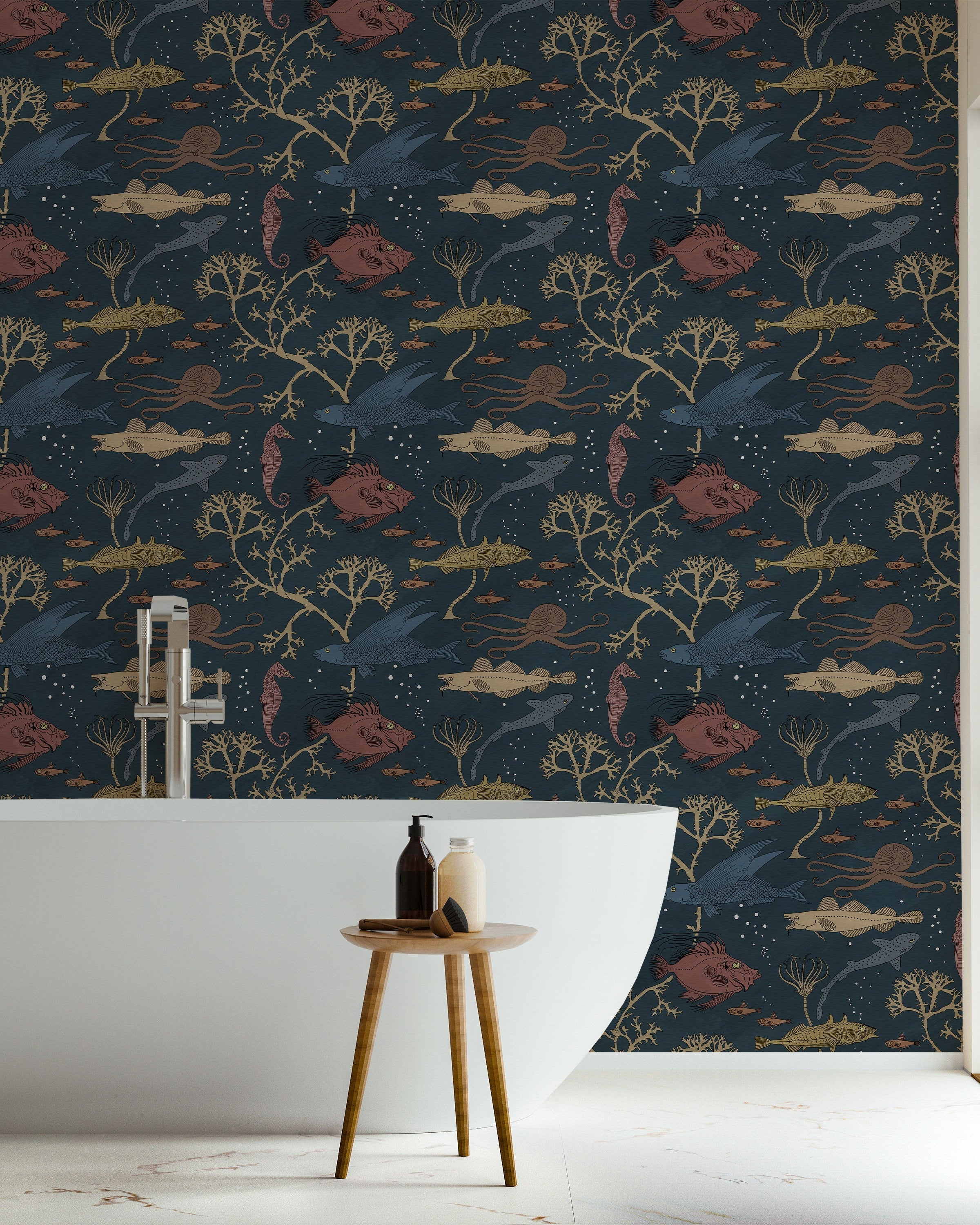 Maurice Pillard Verneuil x Sea Creatures Peel and Stick Wallpaper, Removable Wallpaper, Traditional Wallpaper - Deep Blue | DeccoPrint