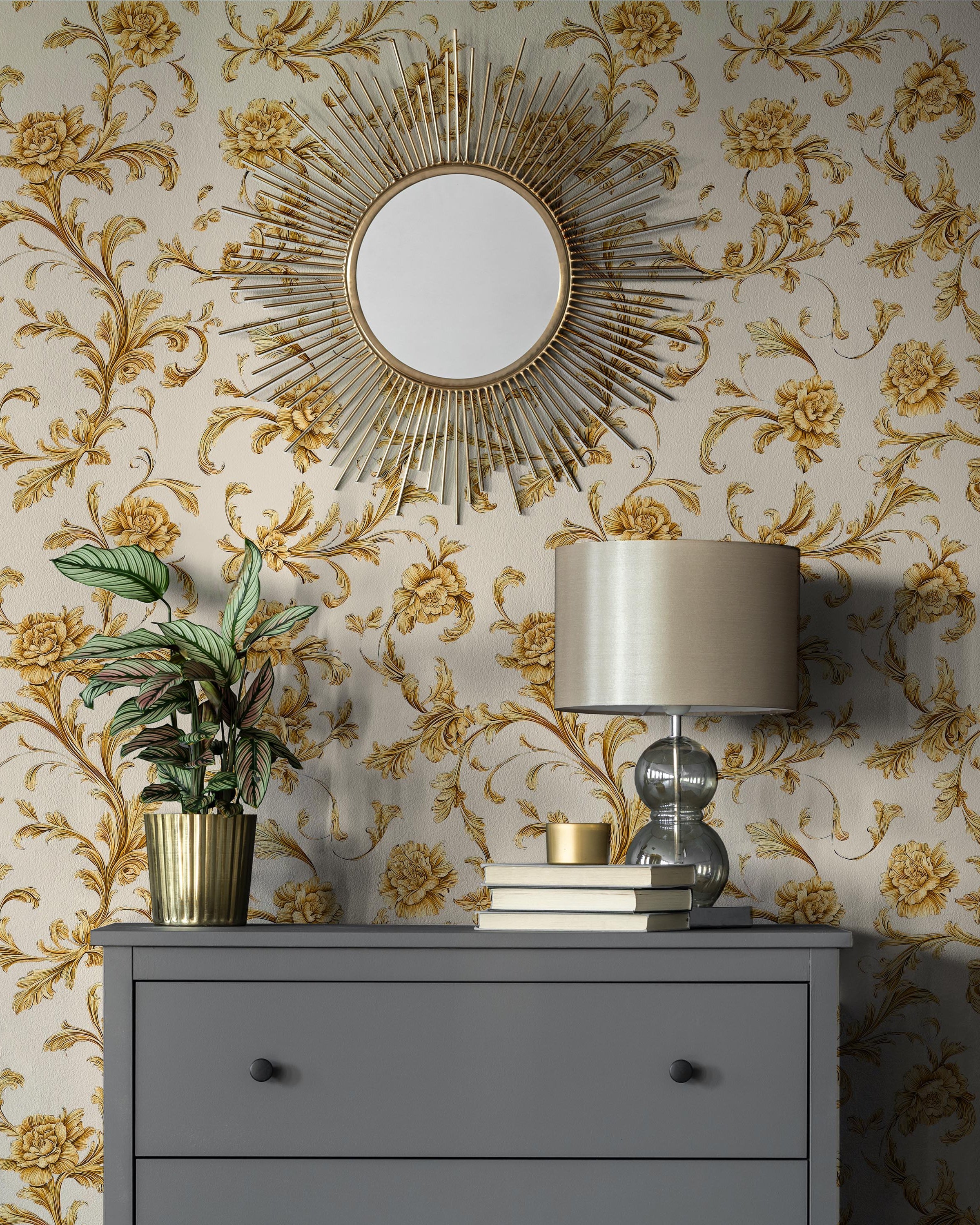 Baroque Floral Peel and Stick Wallpaper, Removable Wallpaper, Traditional Wallpaper - Cream | DeccoPrint