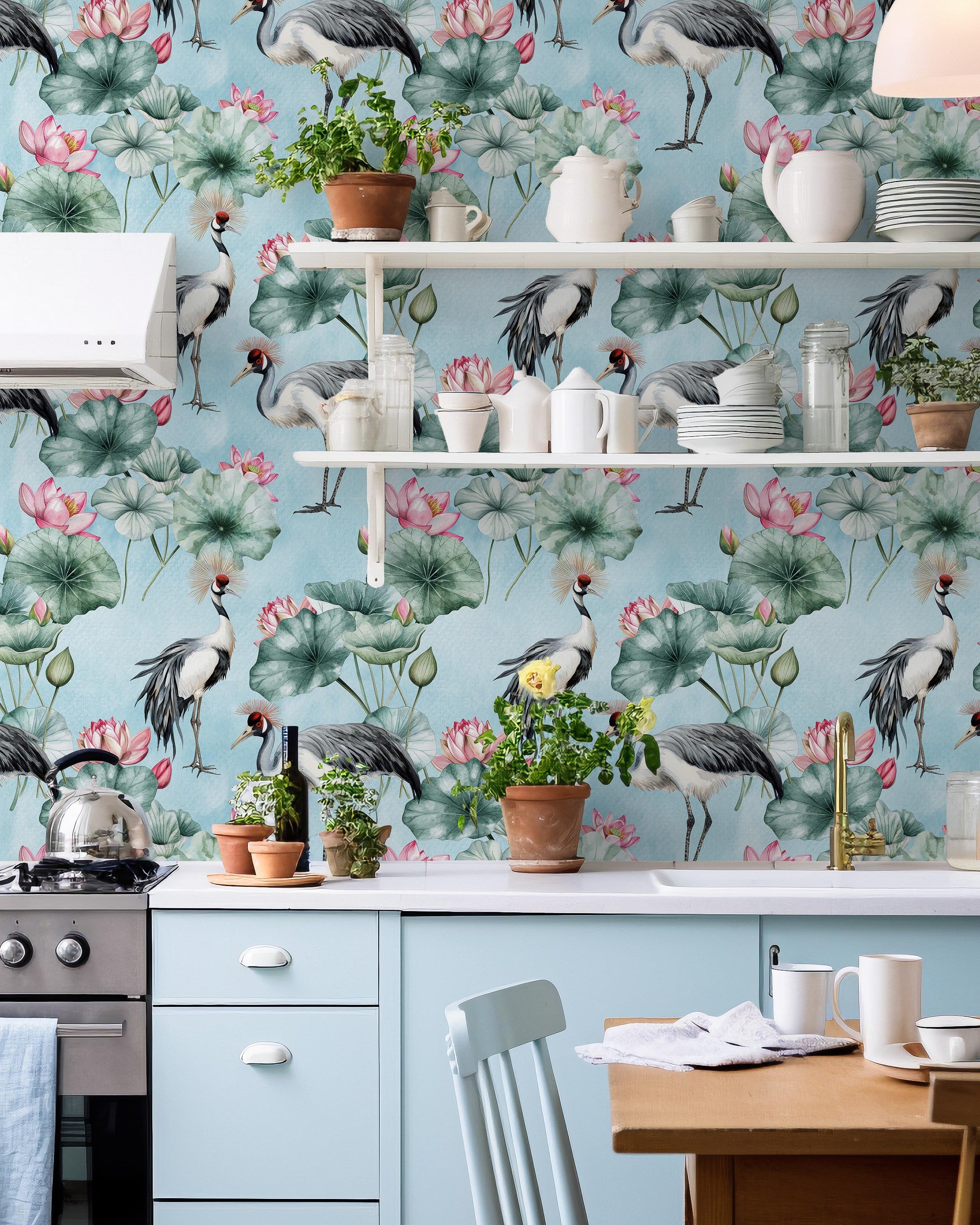 Crowned Cranes Peel and Stick Wallpaper, Removable Wallpaper, Traditional Wallpaper - Blue | DeccoPrint