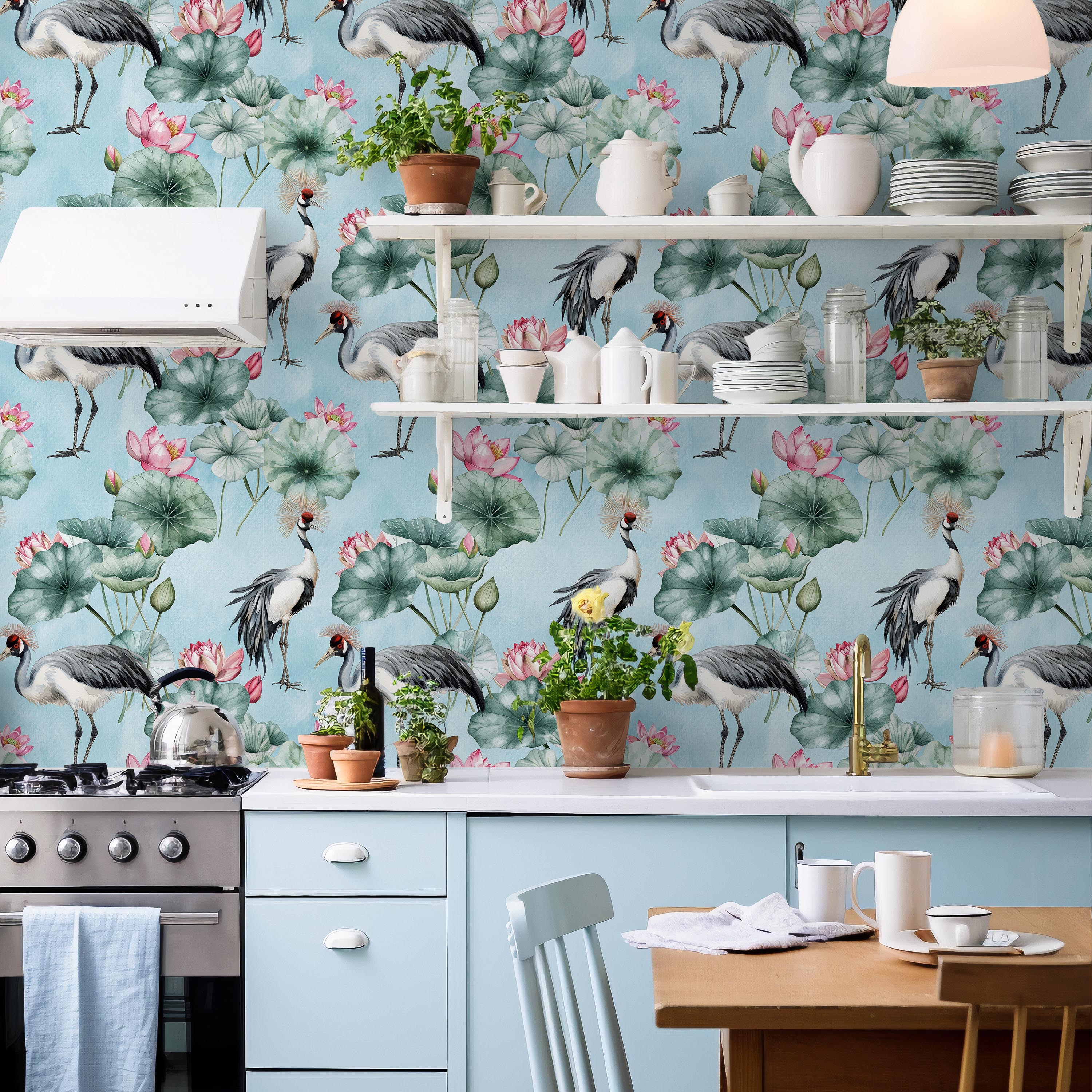 Crowned Cranes Peel and Stick Wallpaper, Removable Wallpaper, Traditional Wallpaper - Blue | DeccoPrint