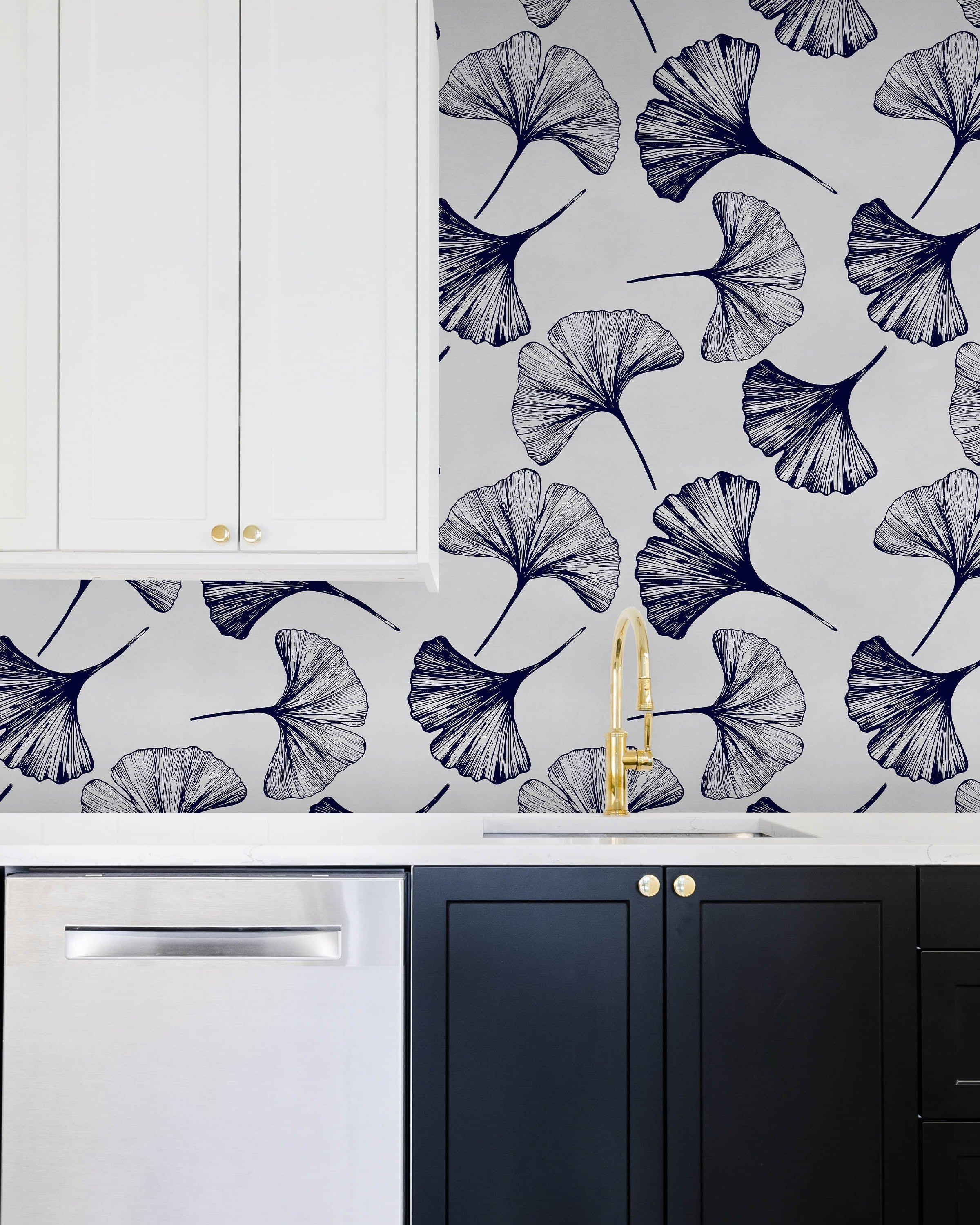 Ginkgo Leaves Peel and Stick Wallpaper, Removable Wallpaper, Traditional Wallpaper - Navy | DeccoPrint