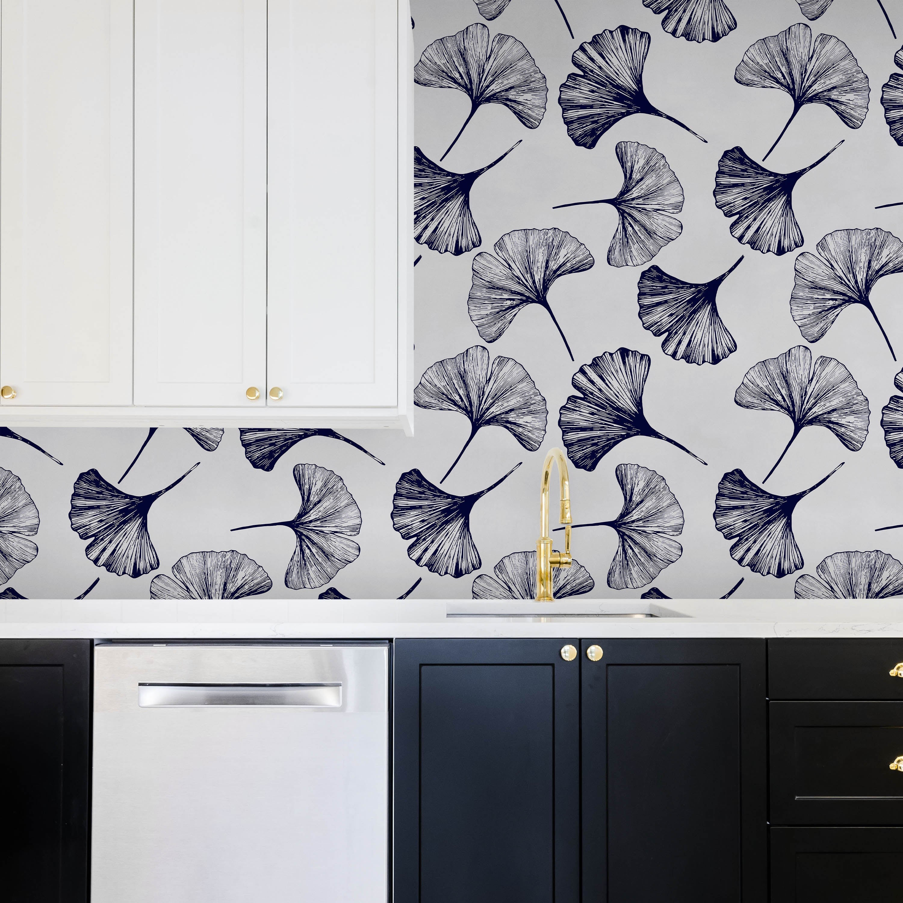 Ginkgo Leaves Peel and Stick Wallpaper, Removable Wallpaper, Traditional Wallpaper - Navy | DeccoPrint