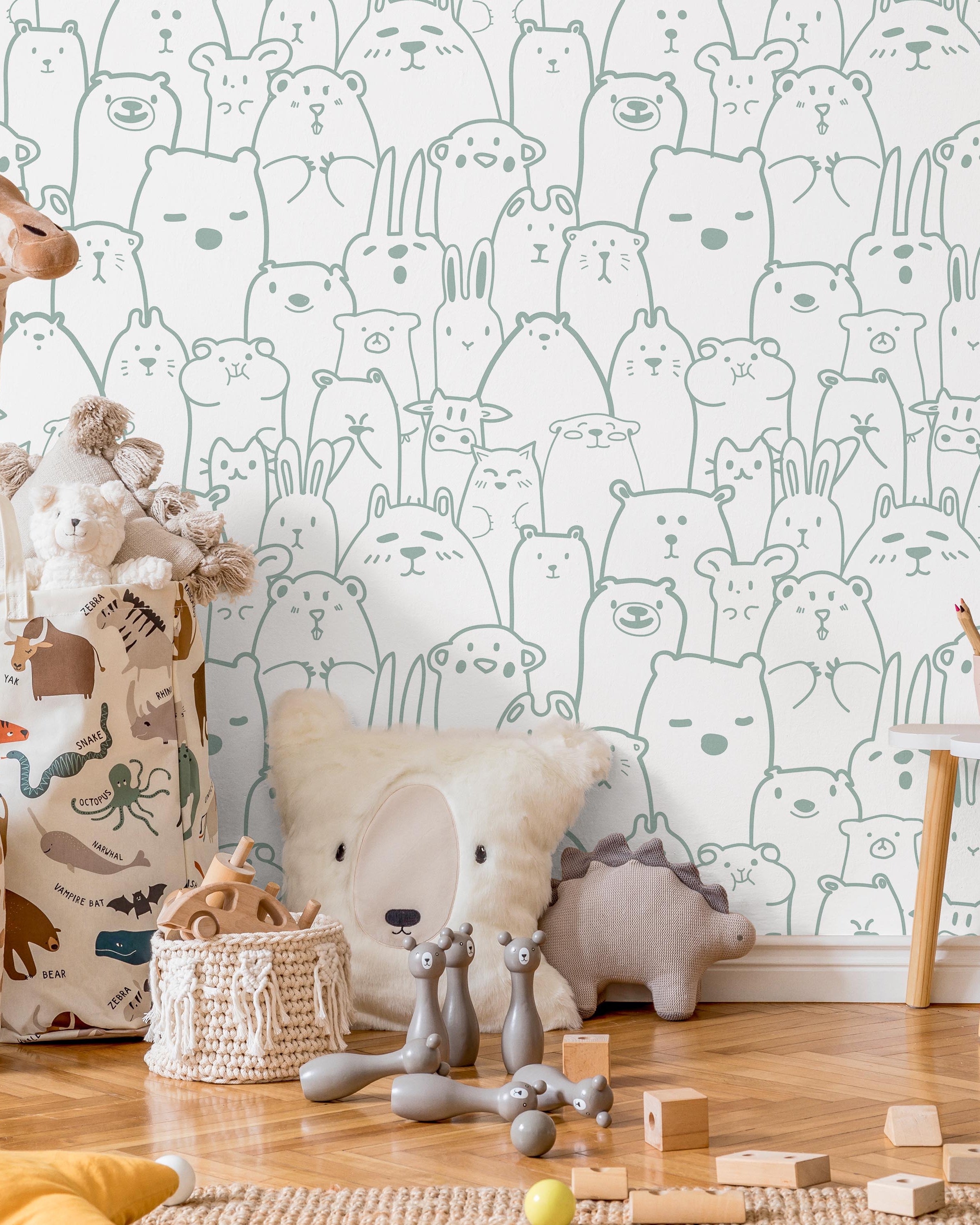 Animal Doodles Peel and Stick Wallpaper, Removable Wallpaper, Traditional Wallpaper - Blue | DeccoPrint