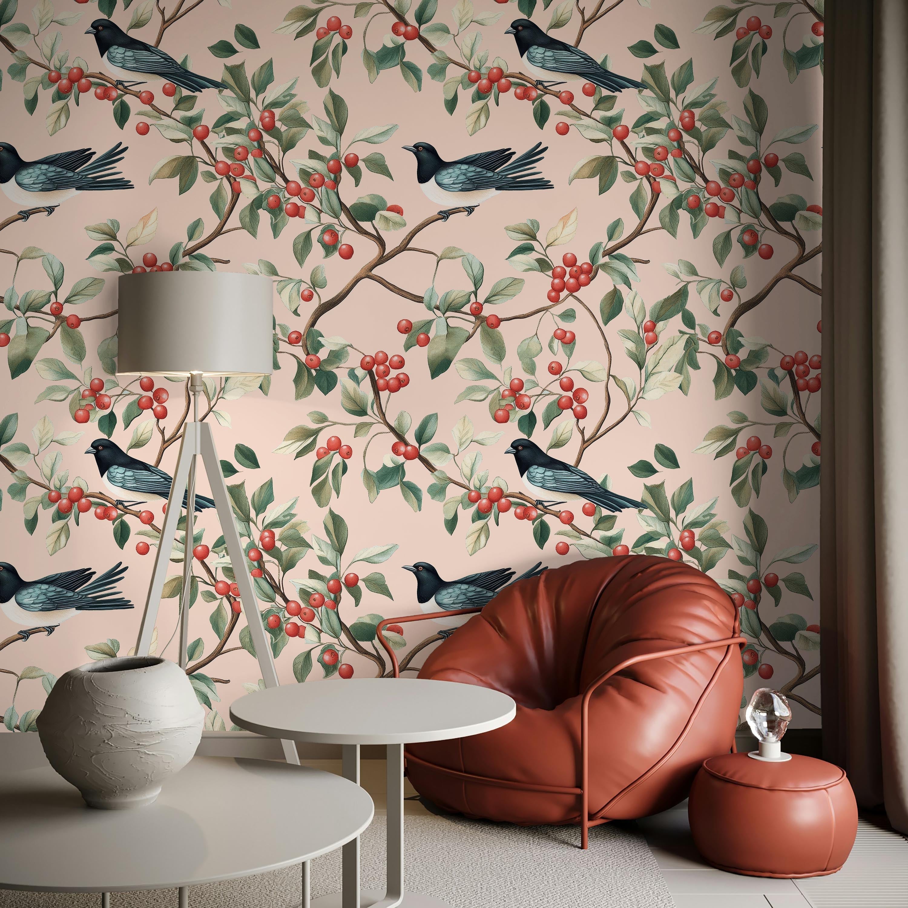 Birds and The Trees Peel and Stick Wallpaper, Removable Wallpaper, Traditional Wallpaper - Pink | DeccoPrint