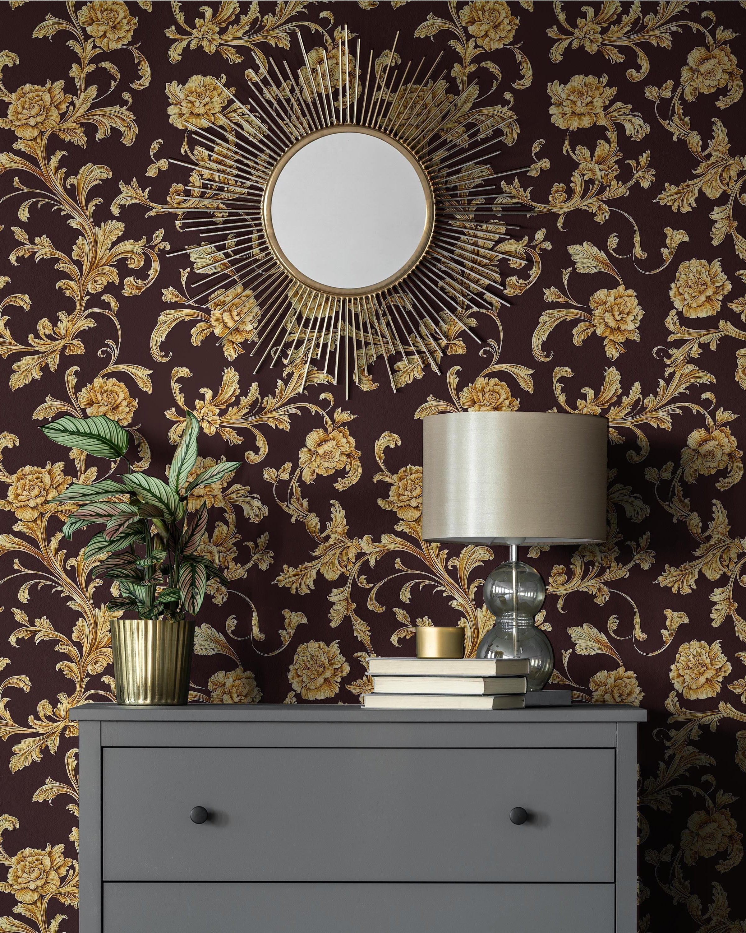 Baroque Floral Peel and Stick Wallpaper, Removable Wallpaper, Traditional Wallpaper - Burgundy Brown | DeccoPrint