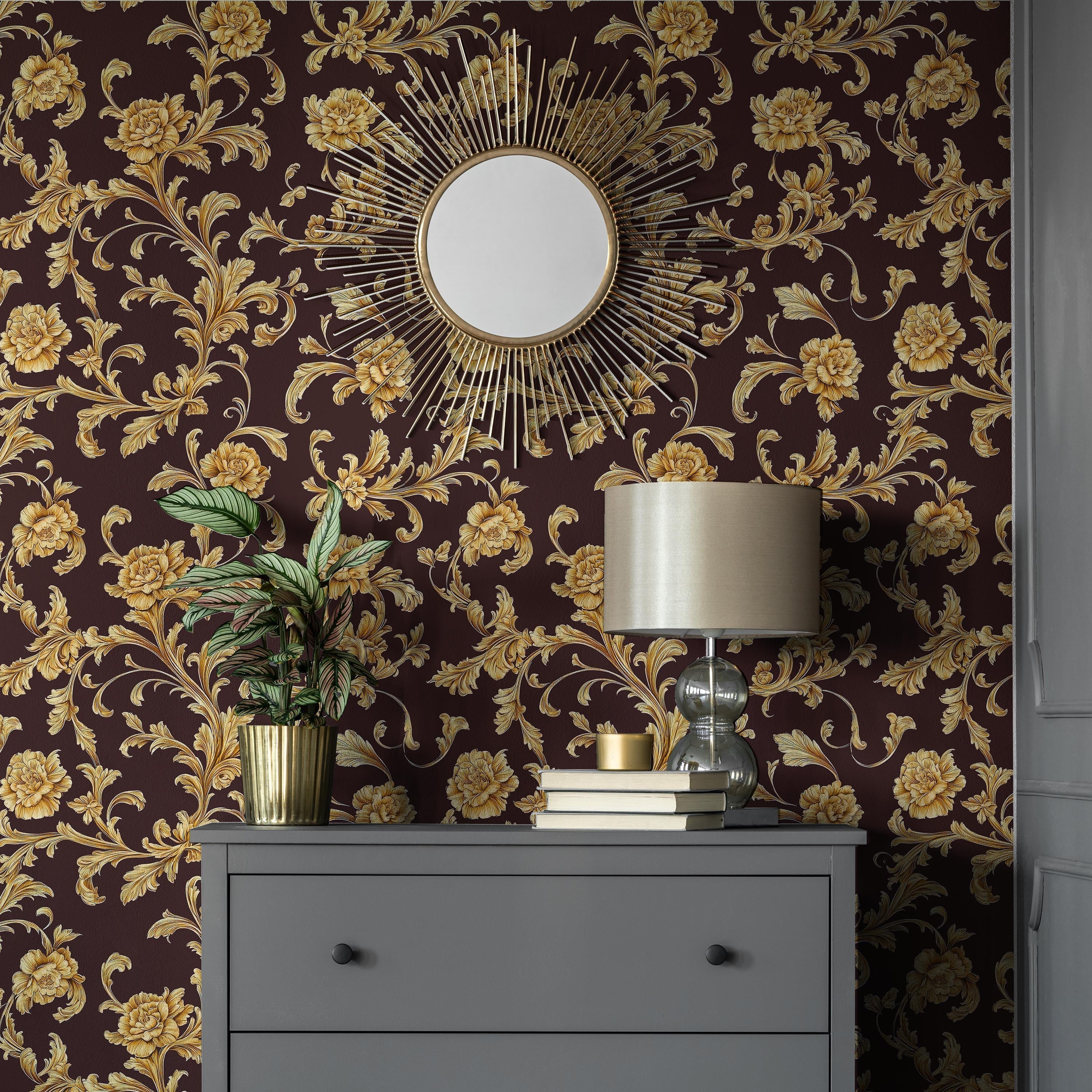 Baroque Floral Peel and Stick Wallpaper, Removable Wallpaper, Traditional Wallpaper - Burgundy Brown | DeccoPrint