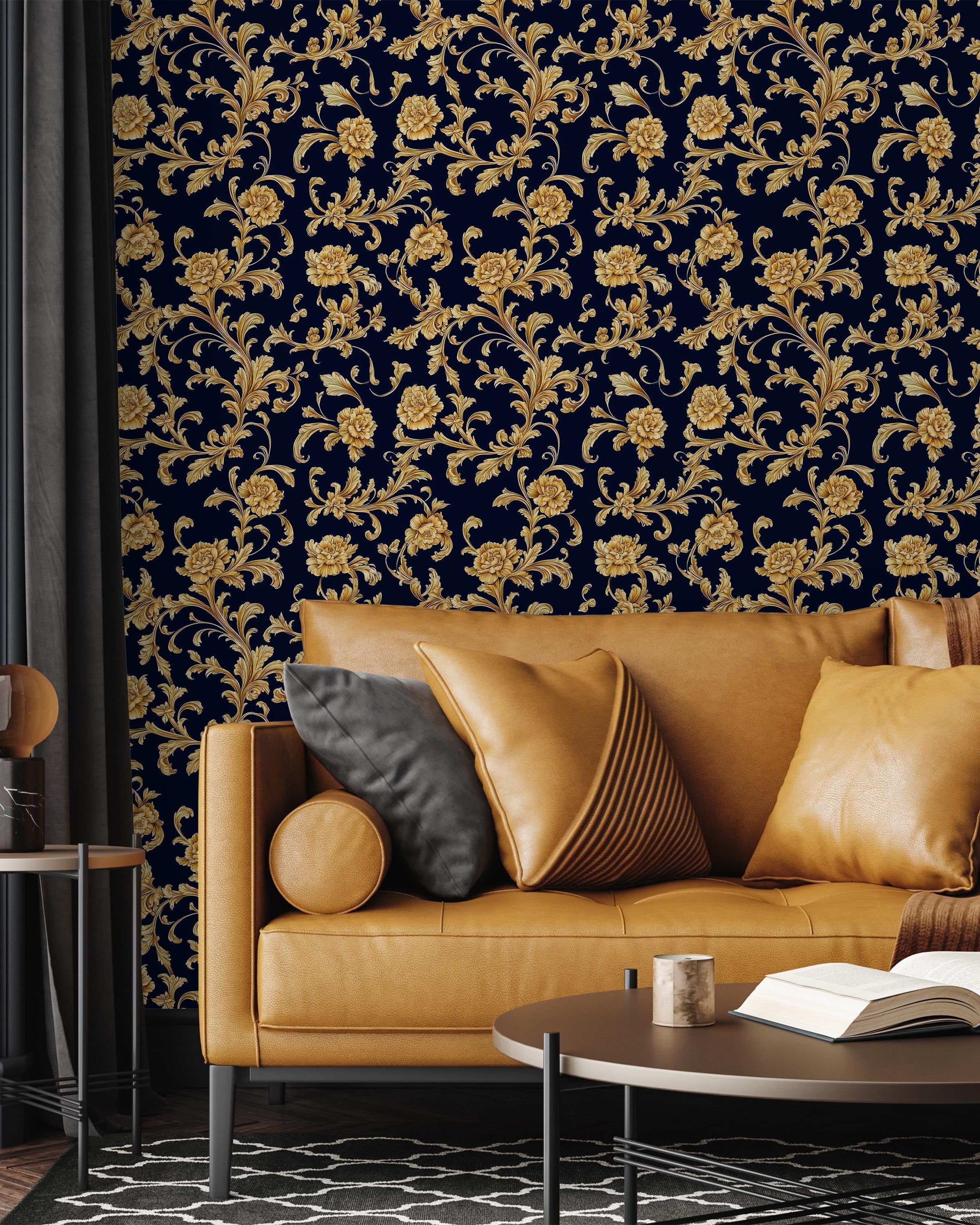 Baroque Floral Peel and Stick Wallpaper, Removable Wallpaper, Traditional Wallpaper - Navy blue | DeccoPrint