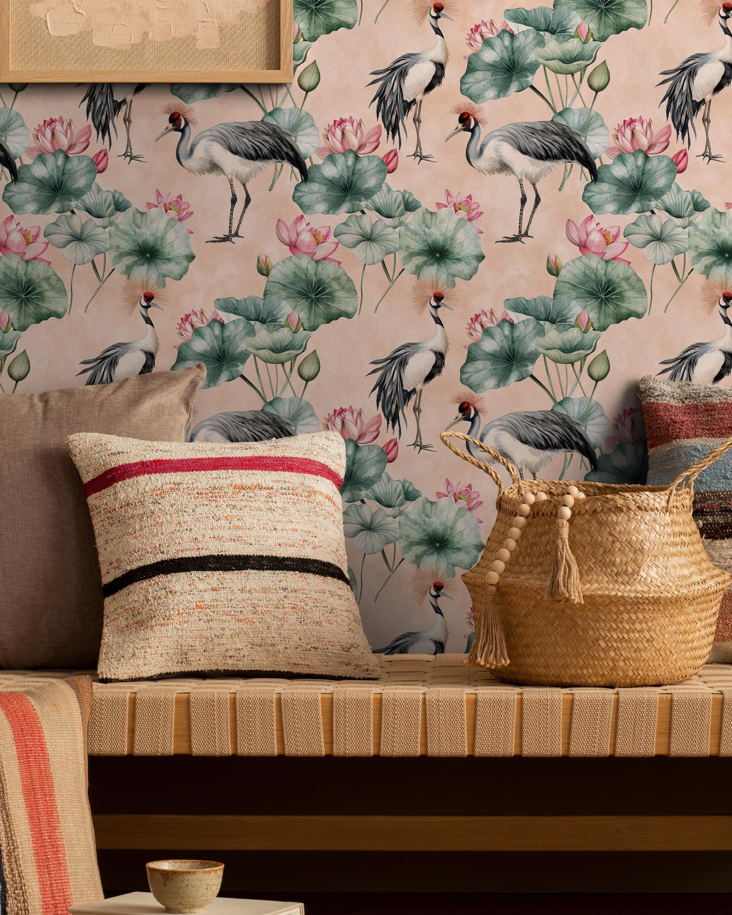 Crowned Cranes Peel and Stick Wallpaper, Removable Wallpaper, Traditional Wallpaper - Peach | DeccoPrint