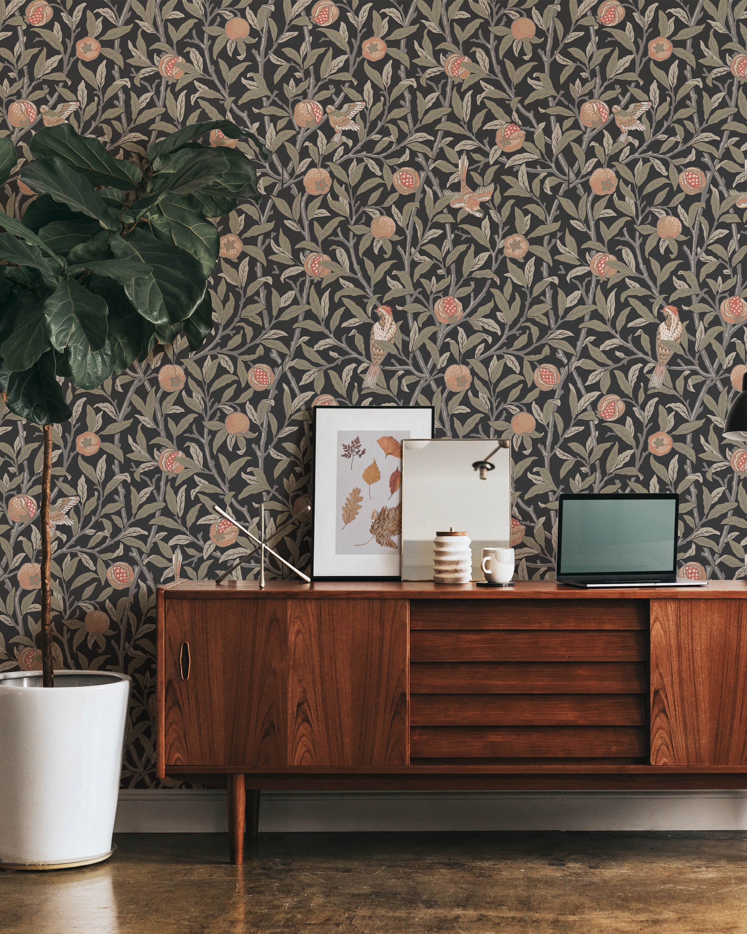 William Morris X Bird and Pomegranate Peel and Stick Wallpaper, Removable Wallpaper, Traditional Wallpaper - Charcoal | DeccoPrint