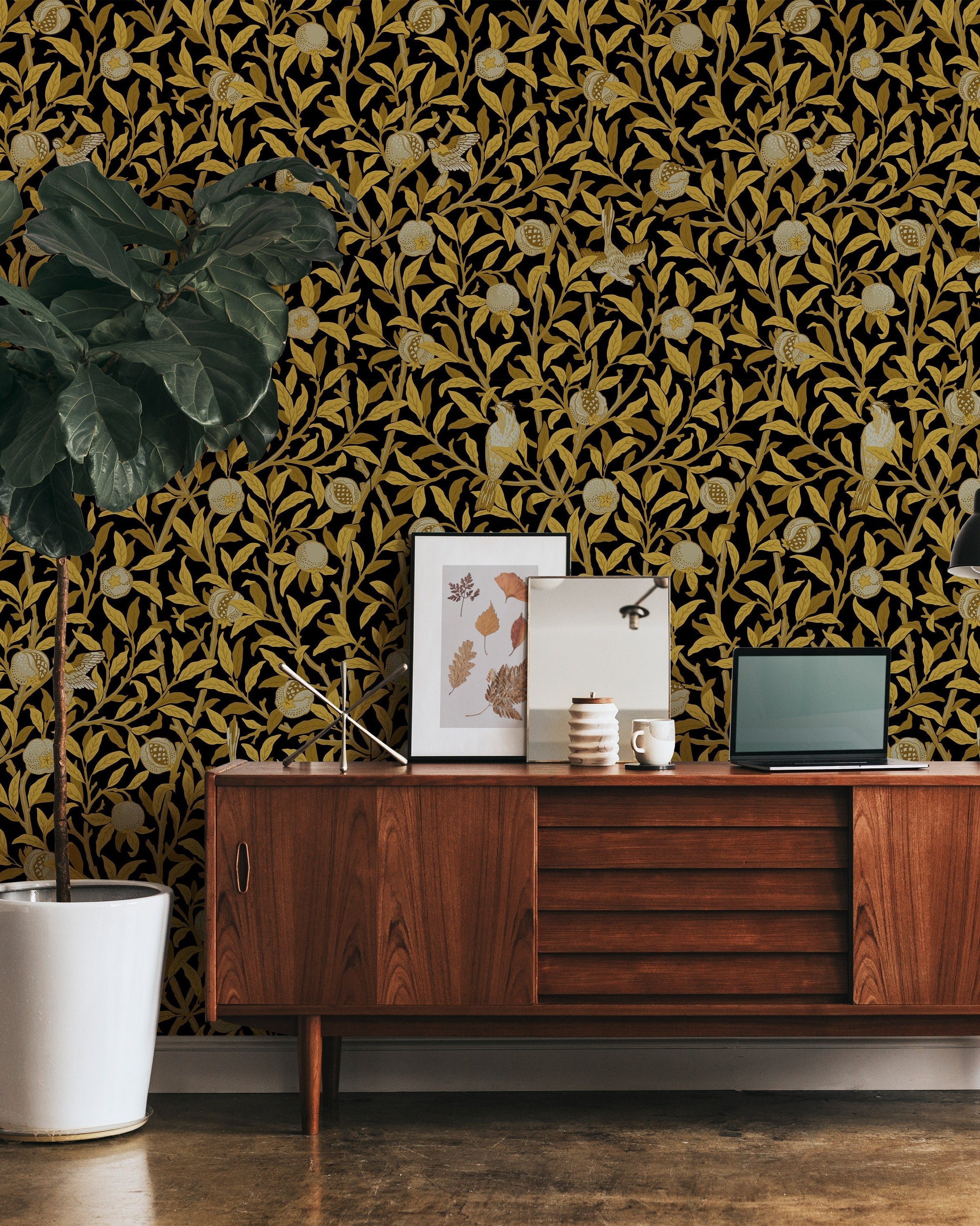 William Morris X Bird and Pomegranate Peel and Stick Wallpaper, Removable Wallpaper, Traditional Wallpaper - Gold | DeccoPrint