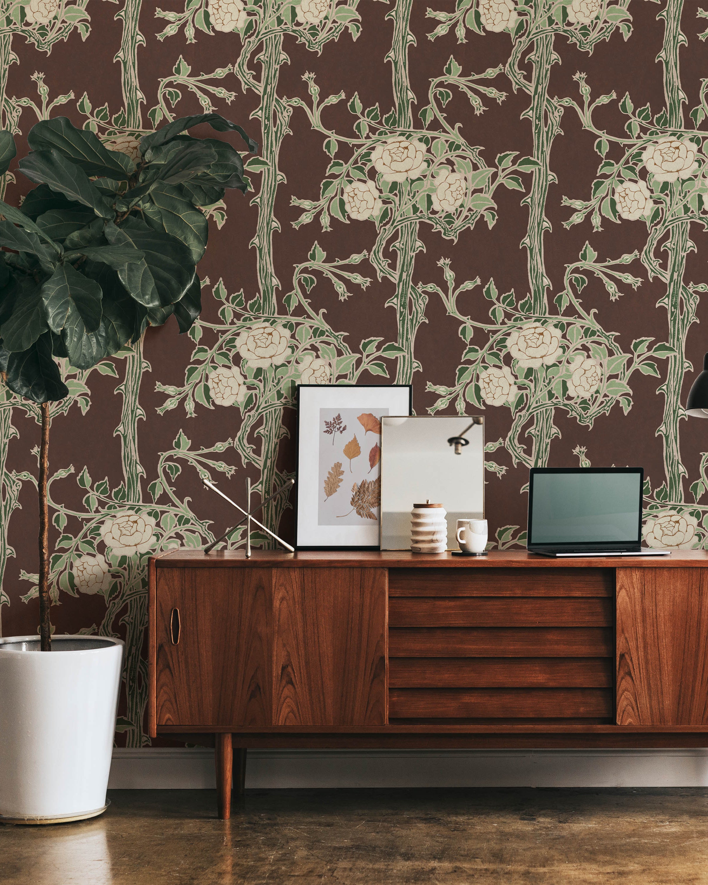 Walter Crane x Rose Bush Peel and Stick Wallpaper, Removable Wallpaper, Traditional Wallpaper - Rustic Brown | DeccoPrint