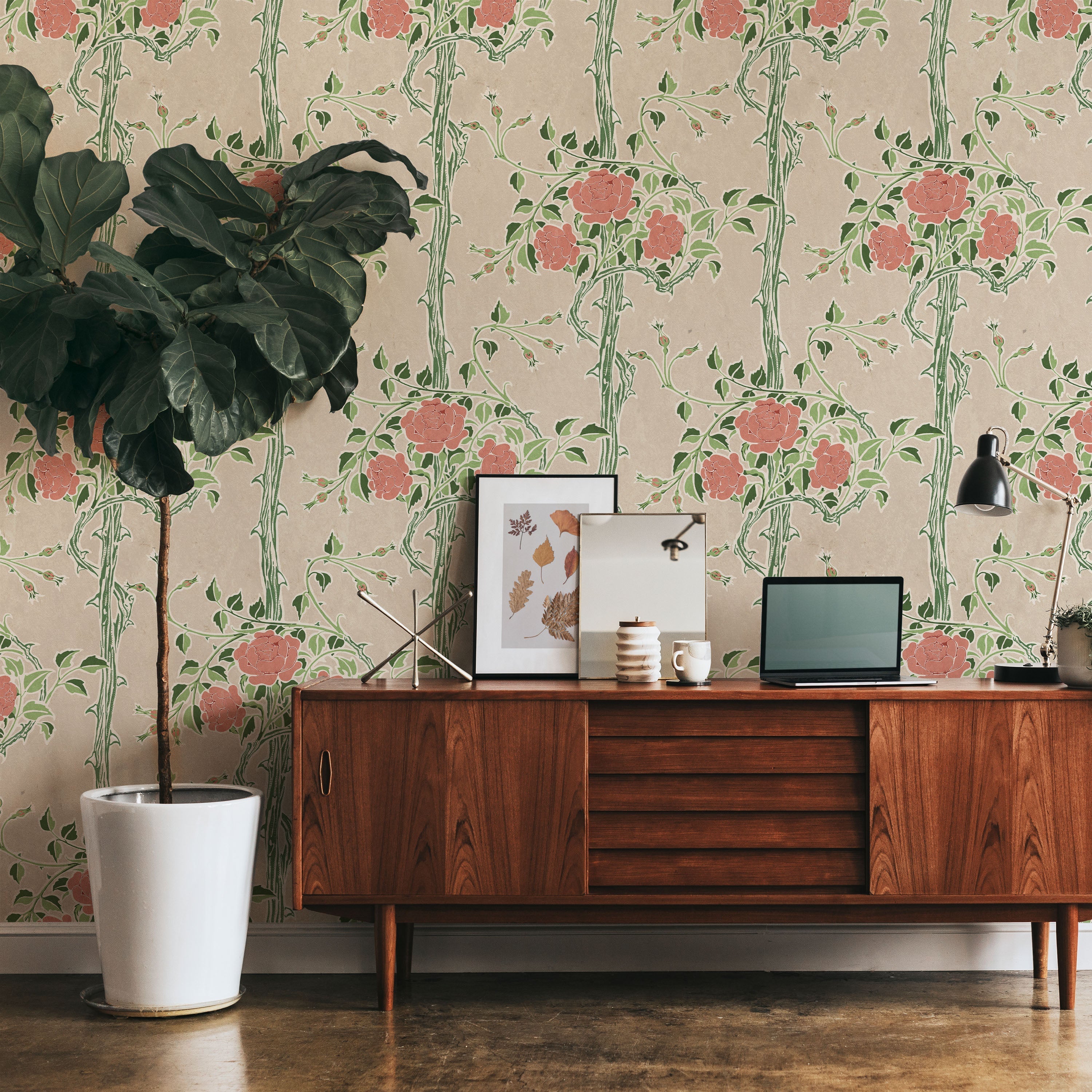 Walter Crane x Rose Bush Peel and Stick Wallpaper, Removable Wallpaper, Traditional Wallpaper - Soft Beige | DeccoPrint