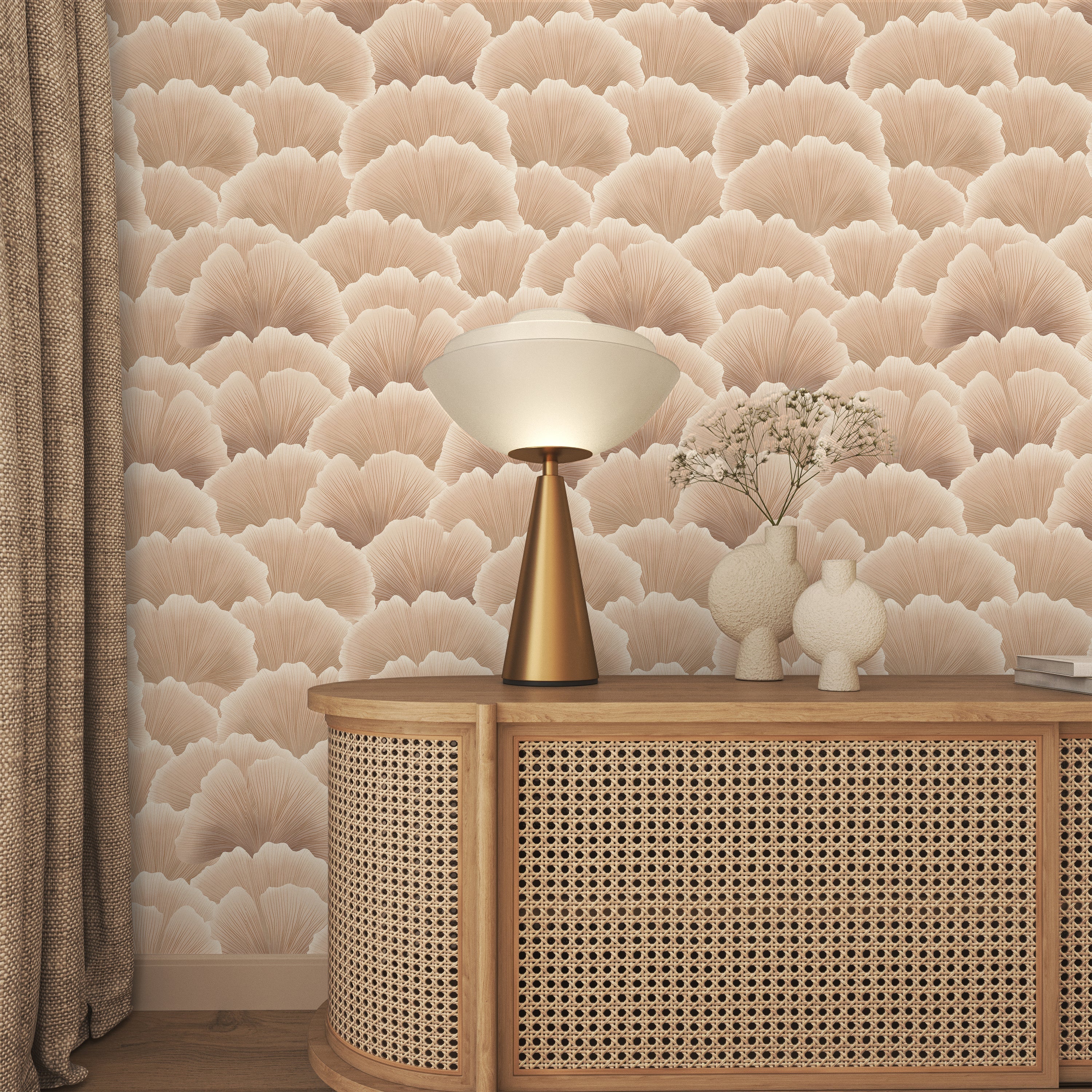 Ginkgo Waves Peel and Stick Wallpaper, Removable Wallpaper, Traditional Wallpaper - Light Brown | DeccoPrint