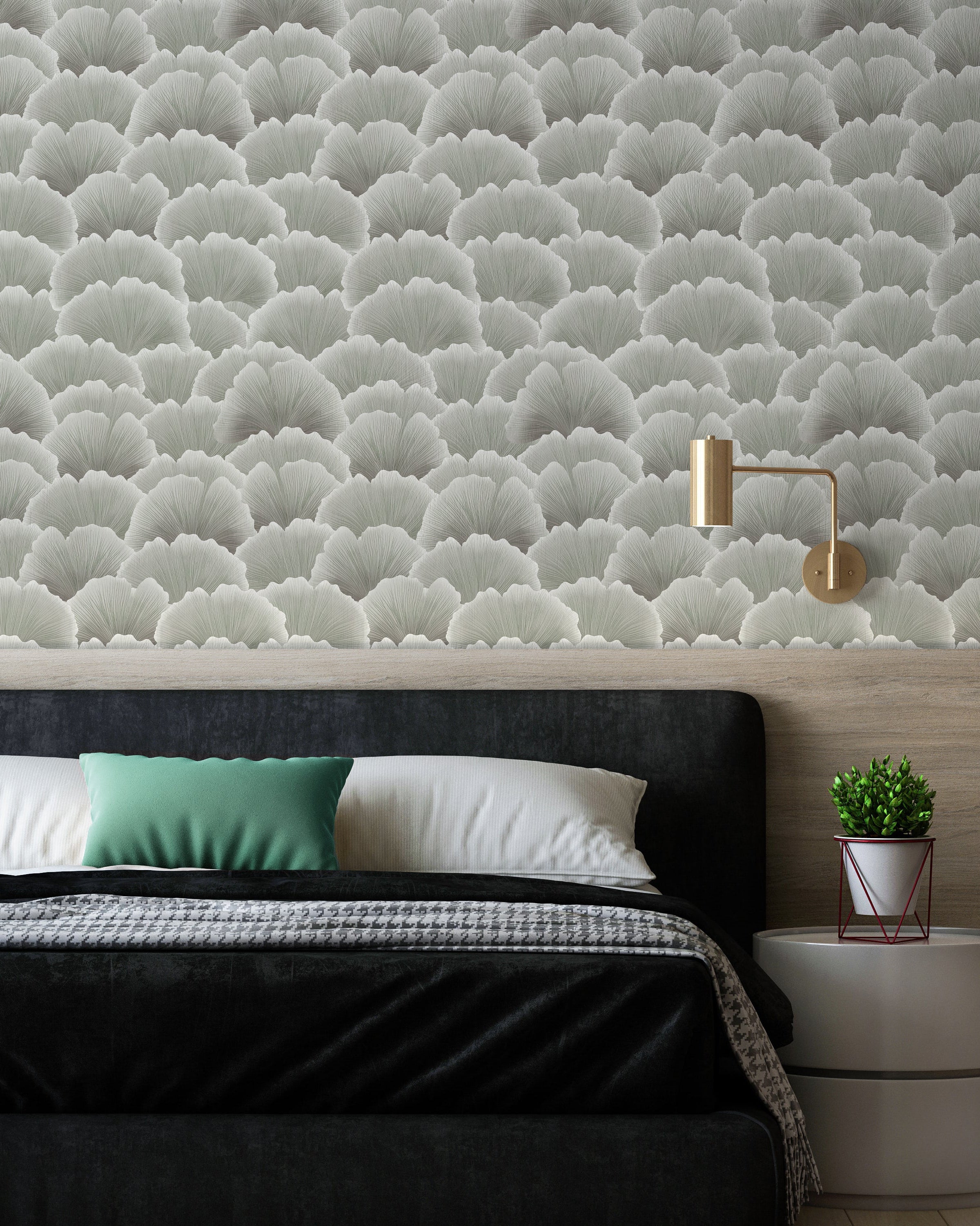 Ginkgo Waves Peel and Stick Wallpaper, Removable Wallpaper, Traditional Wallpaper - Ash Green | DeccoPrint
