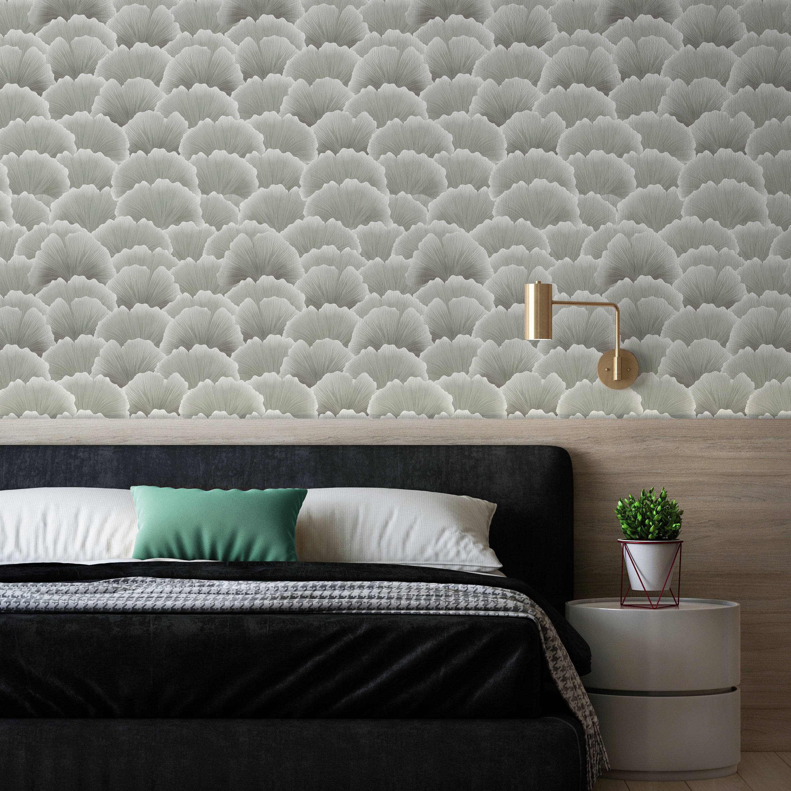 Ginkgo Waves Peel and Stick Wallpaper, Removable Wallpaper, Traditional Wallpaper - Ash Green | DeccoPrint