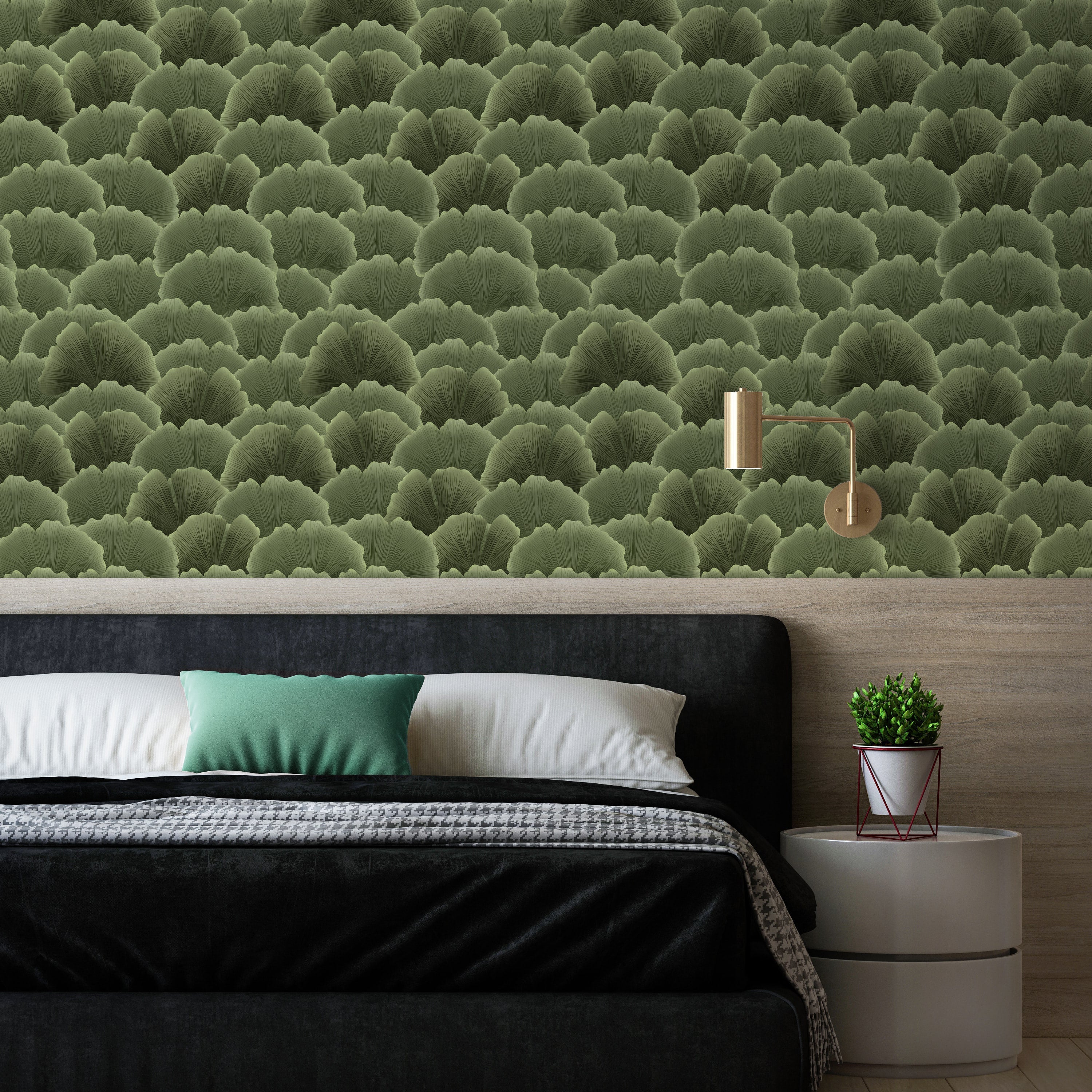 Ginkgo Waves Peel and Stick Wallpaper, Removable Wallpaper, Traditional Wallpaper - Green | DeccoPrint