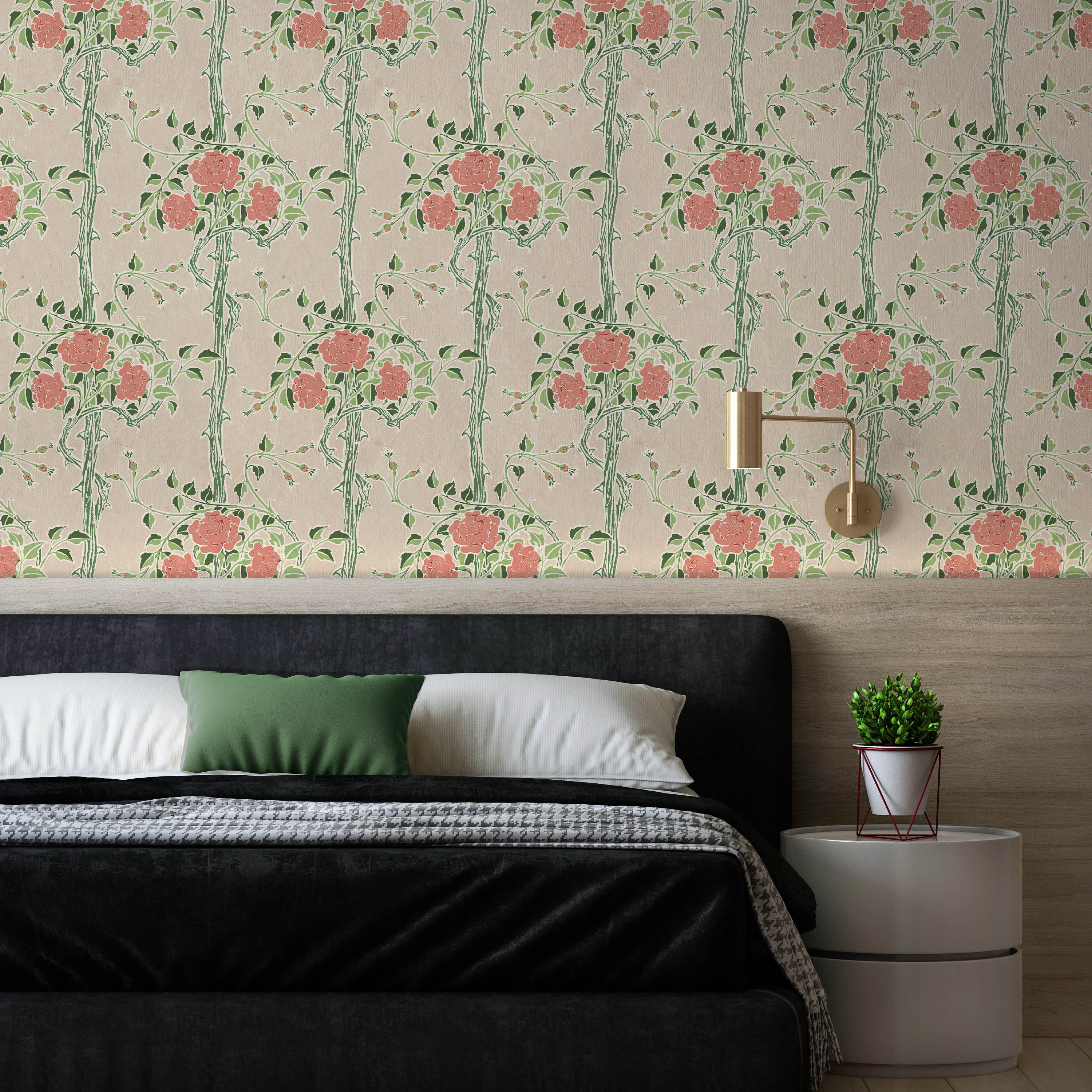Walter Crane x Rose Bush Peel and Stick Wallpaper, Removable Wallpaper, Traditional Wallpaper - Soft Beige | DeccoPrint