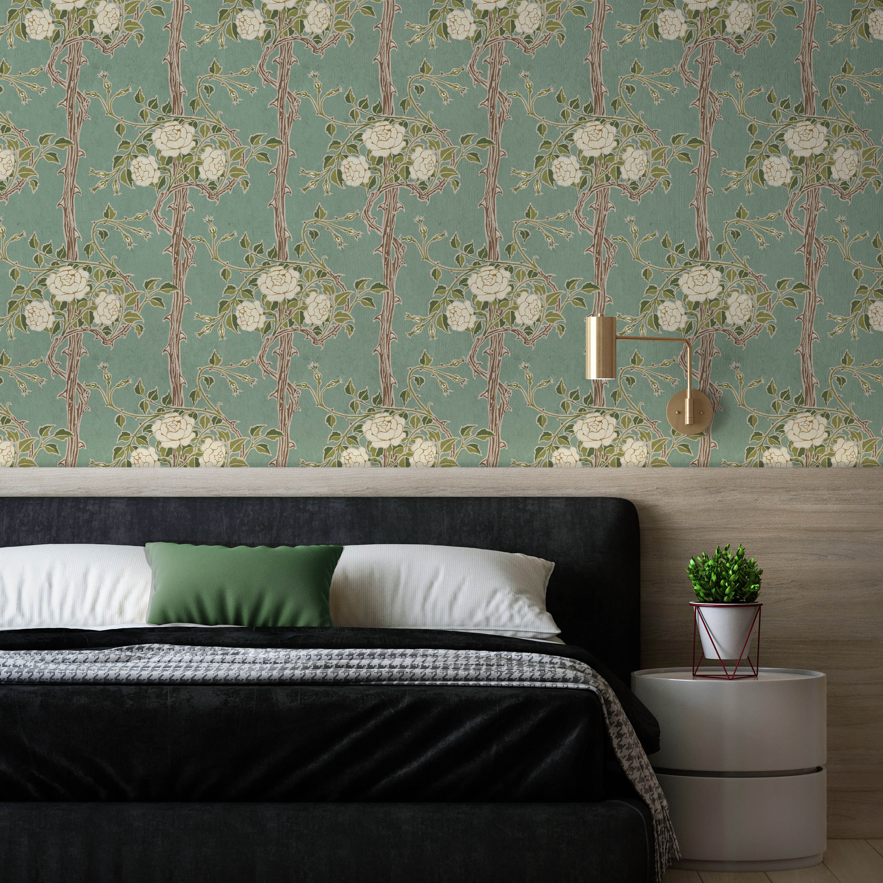 Walter Crane x Rose Bush Peel and Stick Wallpaper, Removable Wallpaper, Traditional Wallpaper - Vintage Green | DeccoPrint