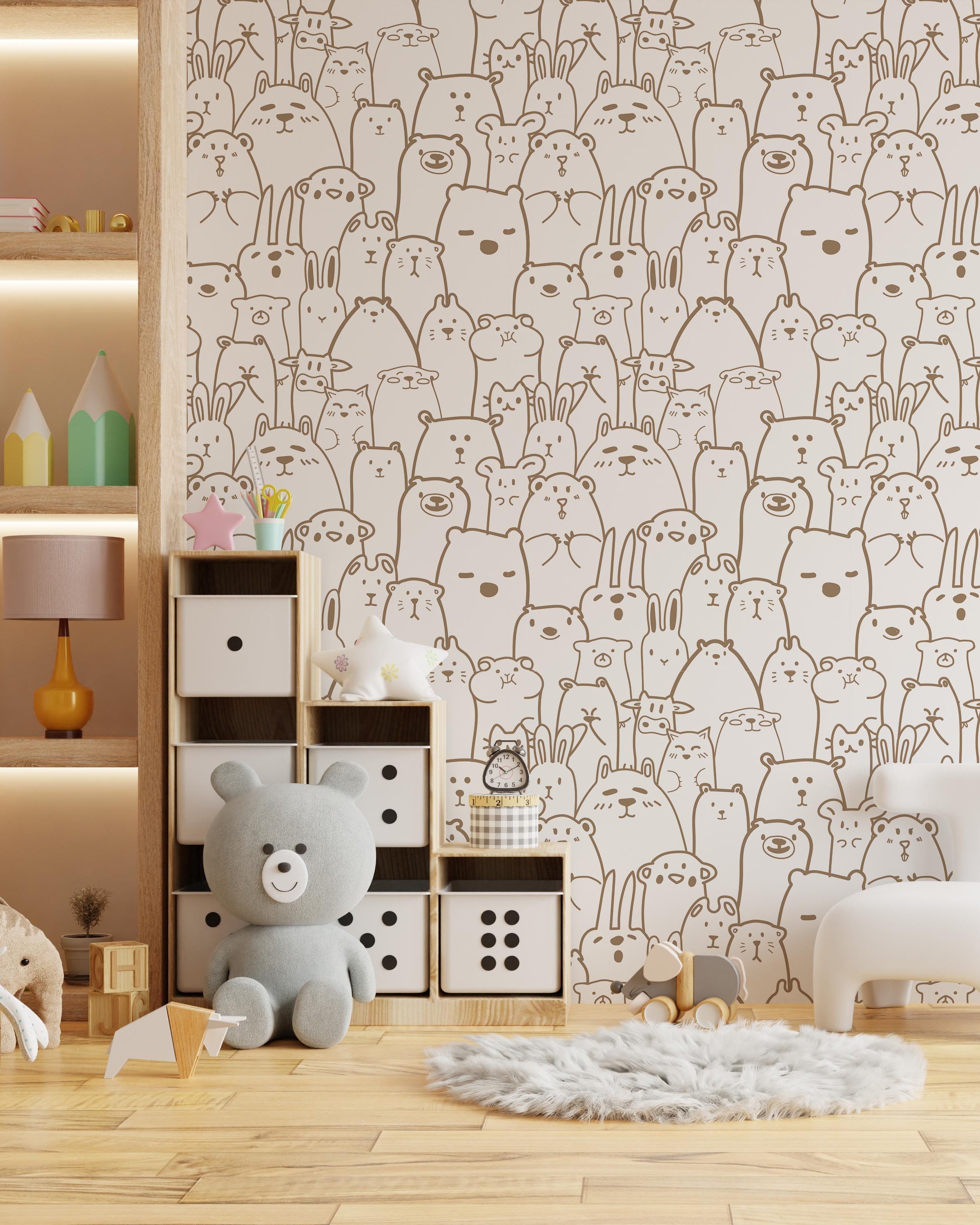 Animal Doodles Peel and Stick Wallpaper, Removable Wallpaper, Traditional Wallpaper - Brown | DeccoPrint