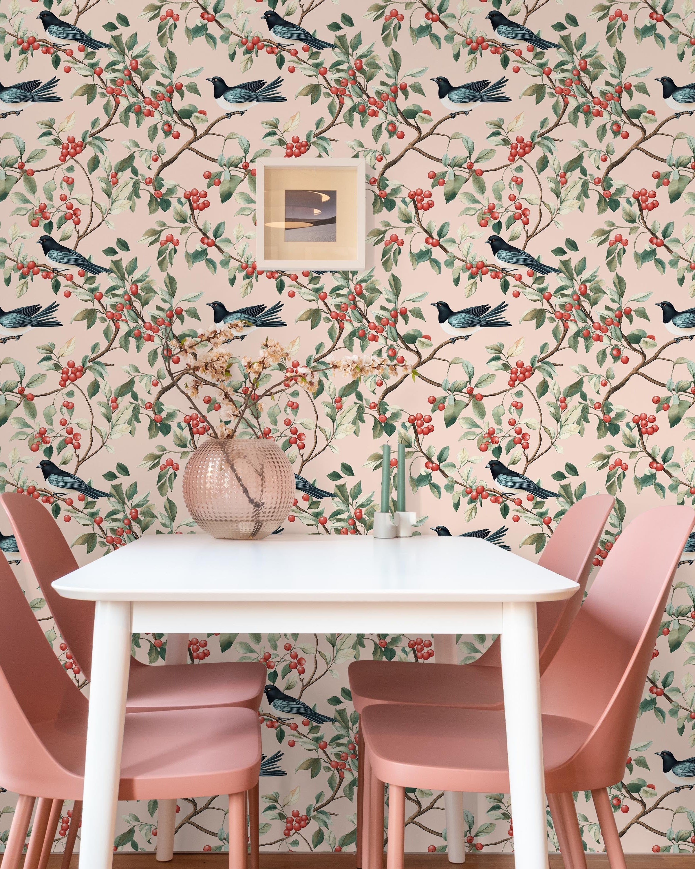 Birds and The Trees Peel and Stick Wallpaper, Removable Wallpaper, Traditional Wallpaper - Pink | DeccoPrint
