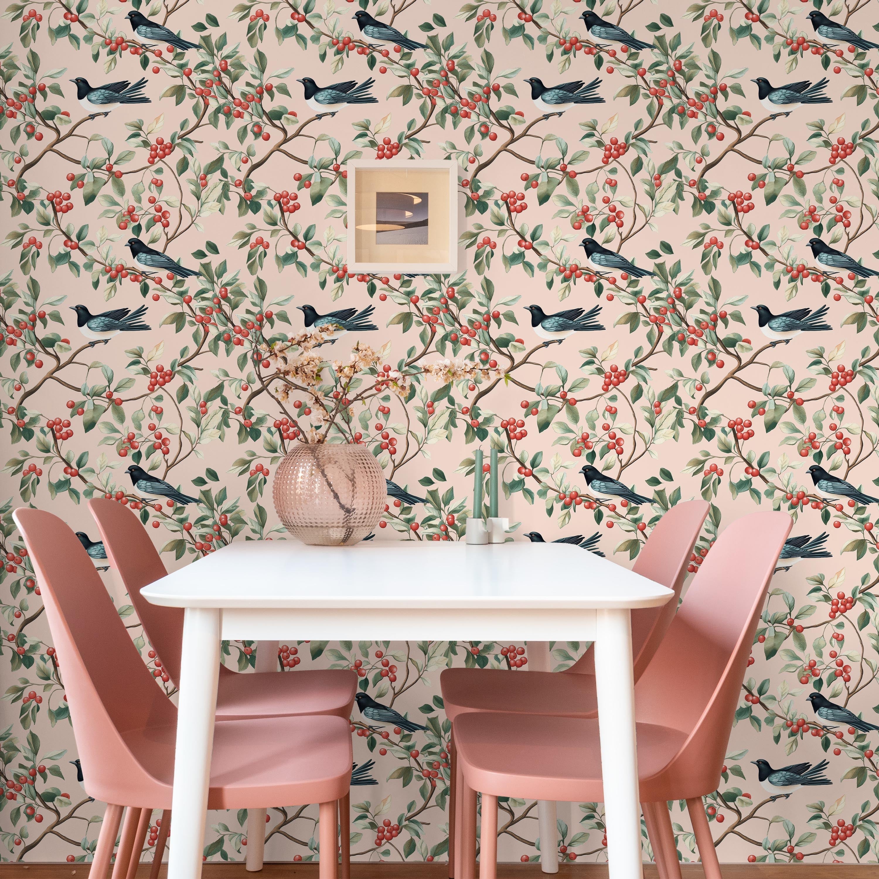 Birds and The Trees Peel and Stick Wallpaper, Removable Wallpaper, Traditional Wallpaper - Pink | DeccoPrint