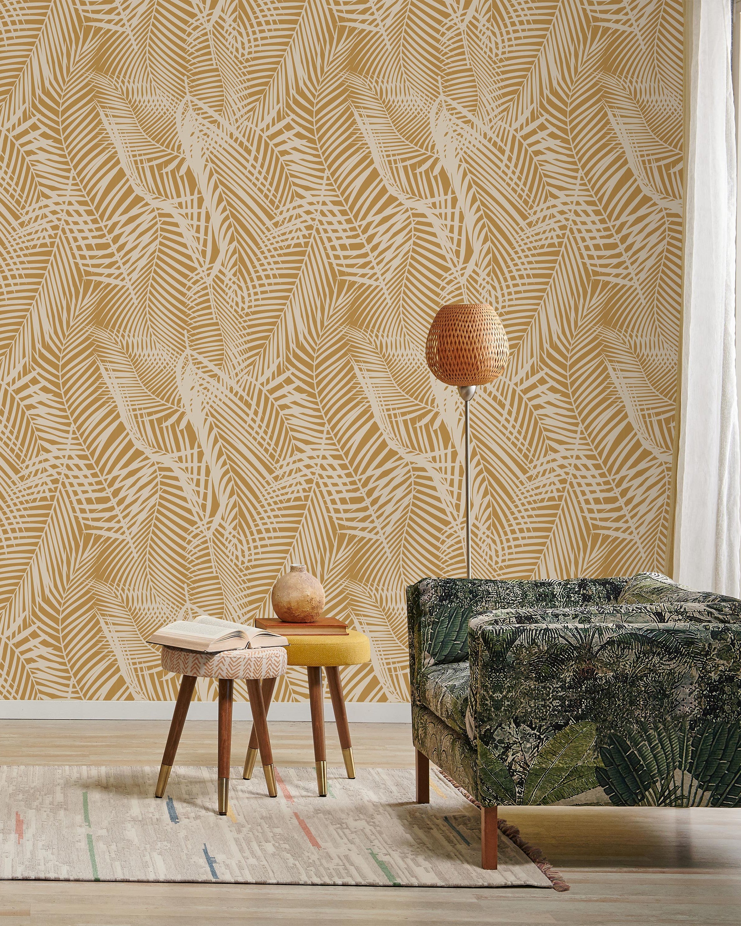 Palm Leaves Peel and Stick Wallpaper, Removable Wallpaper, Traditional Wallpaper - Yellow | DeccoPrint