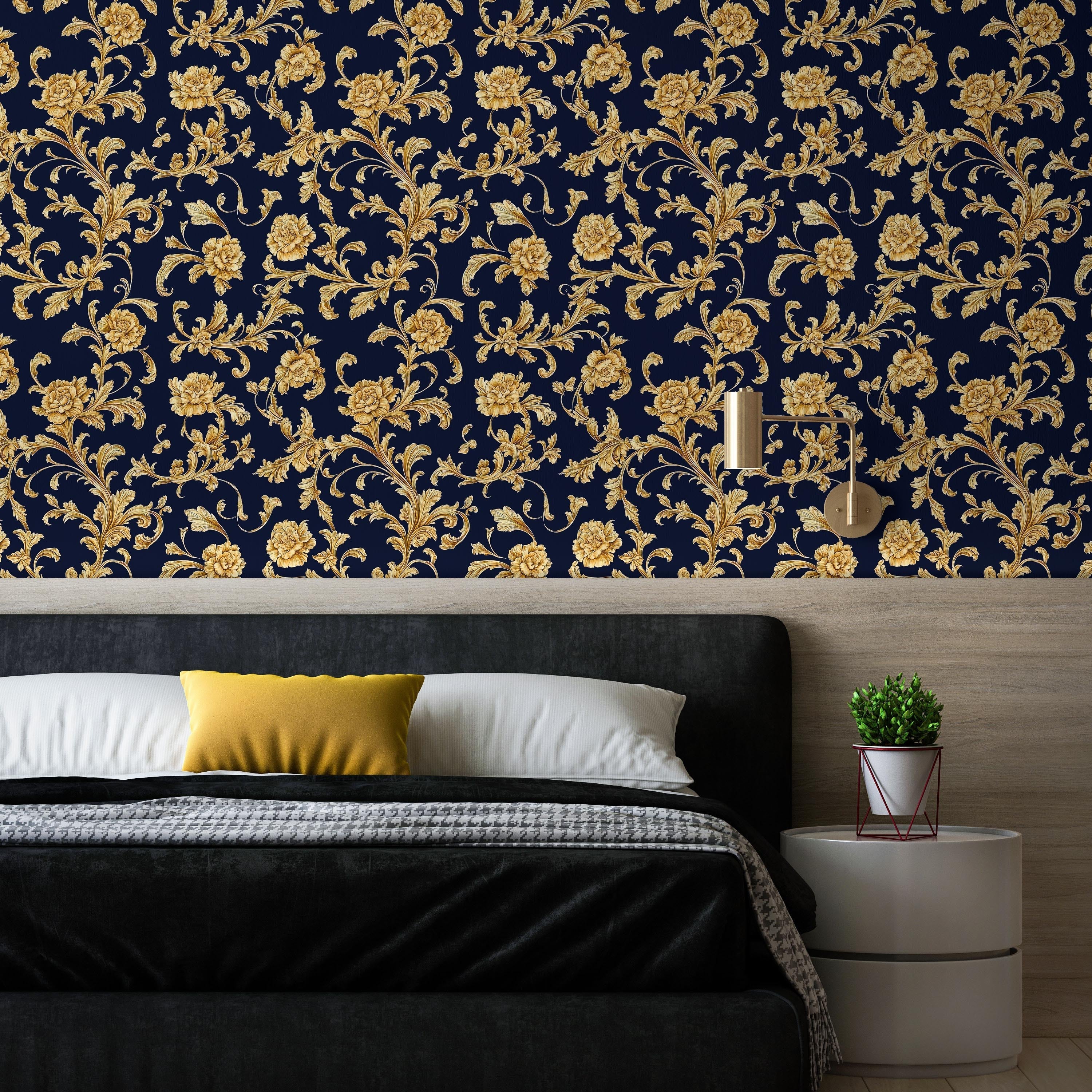 Baroque Floral Peel and Stick Wallpaper, Removable Wallpaper, Traditional Wallpaper - Navy blue | DeccoPrint