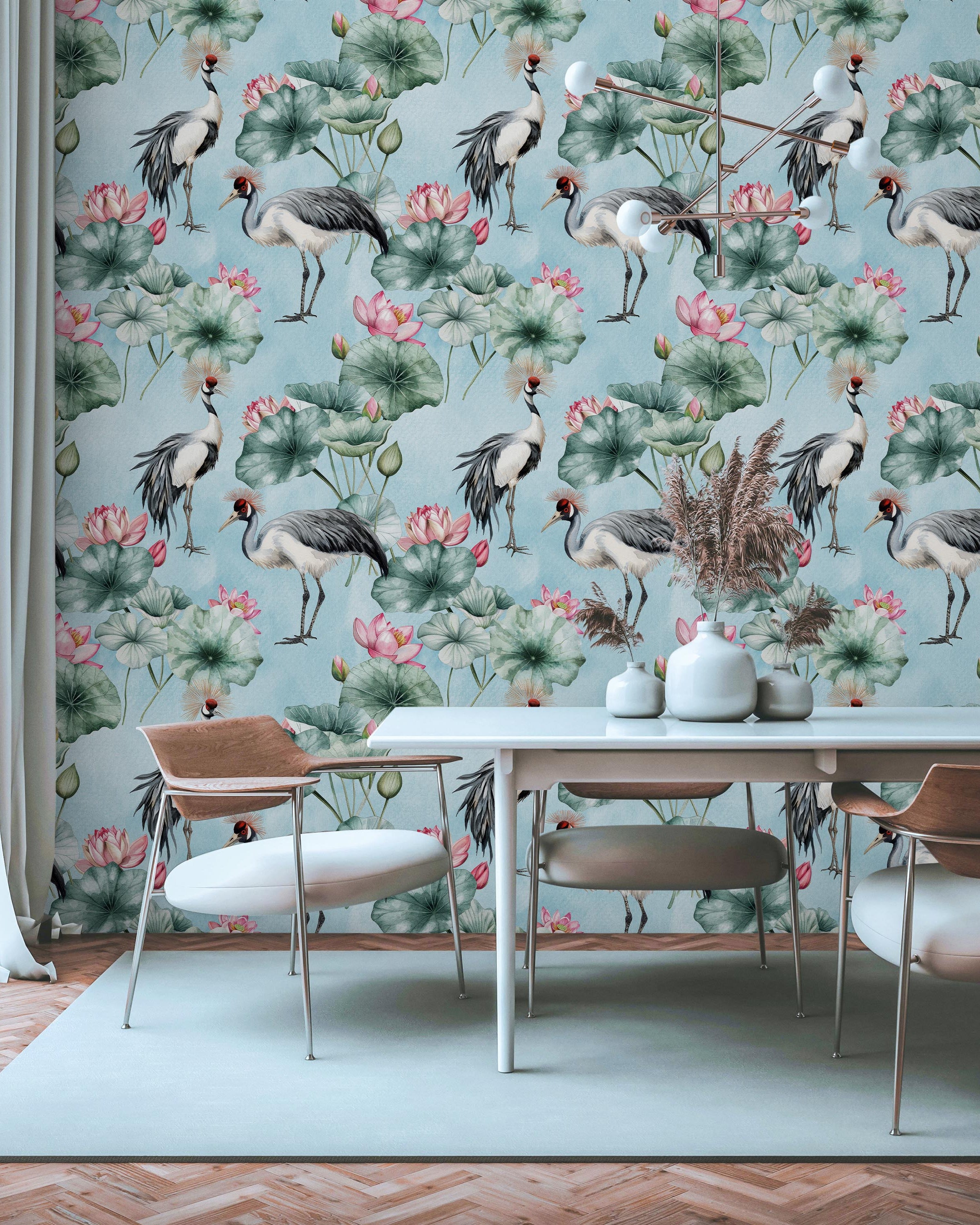 Crowned Cranes Peel and Stick Wallpaper, Removable Wallpaper, Traditional Wallpaper - Blue | DeccoPrint