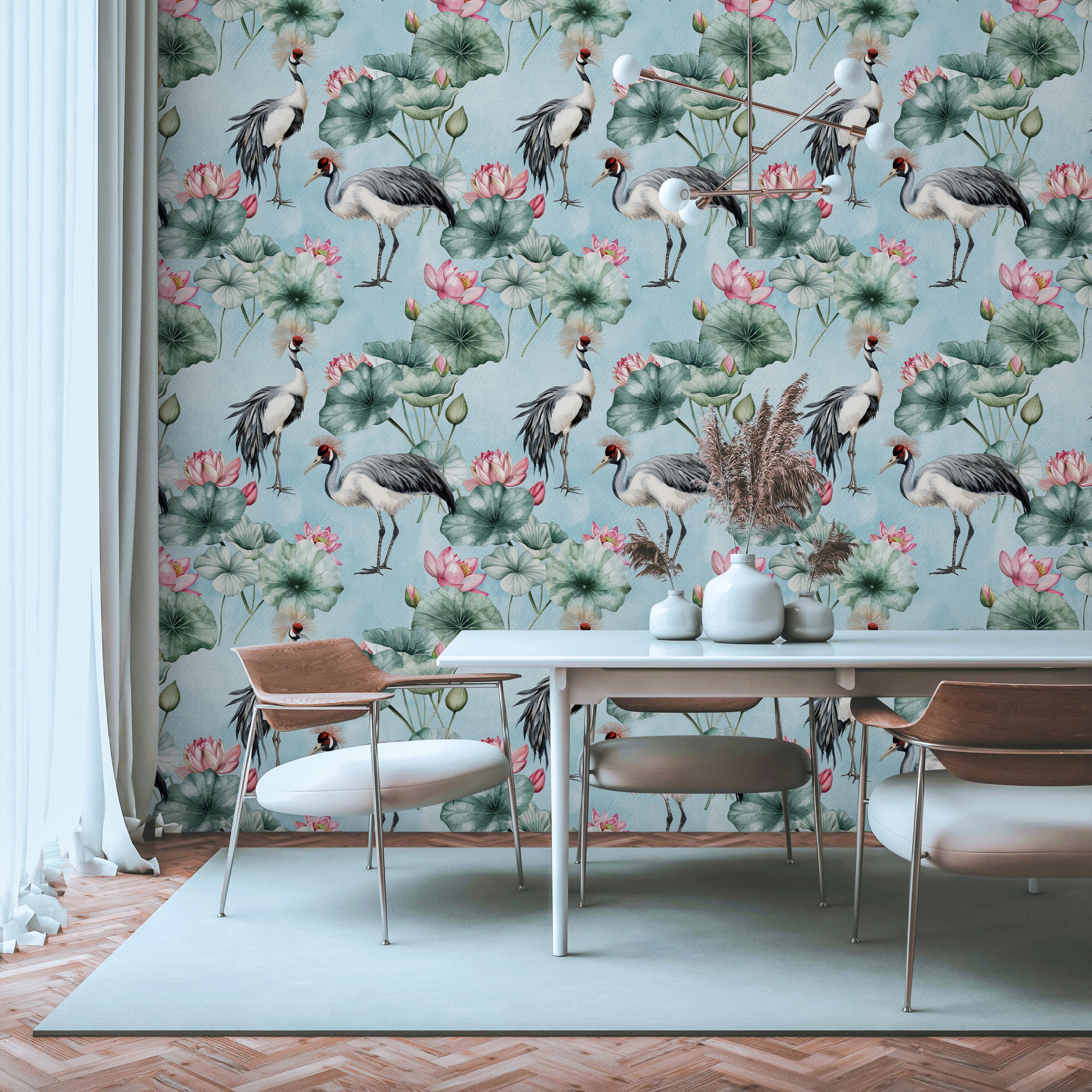 Crowned Cranes Peel and Stick Wallpaper, Removable Wallpaper, Traditional Wallpaper - Blue | DeccoPrint