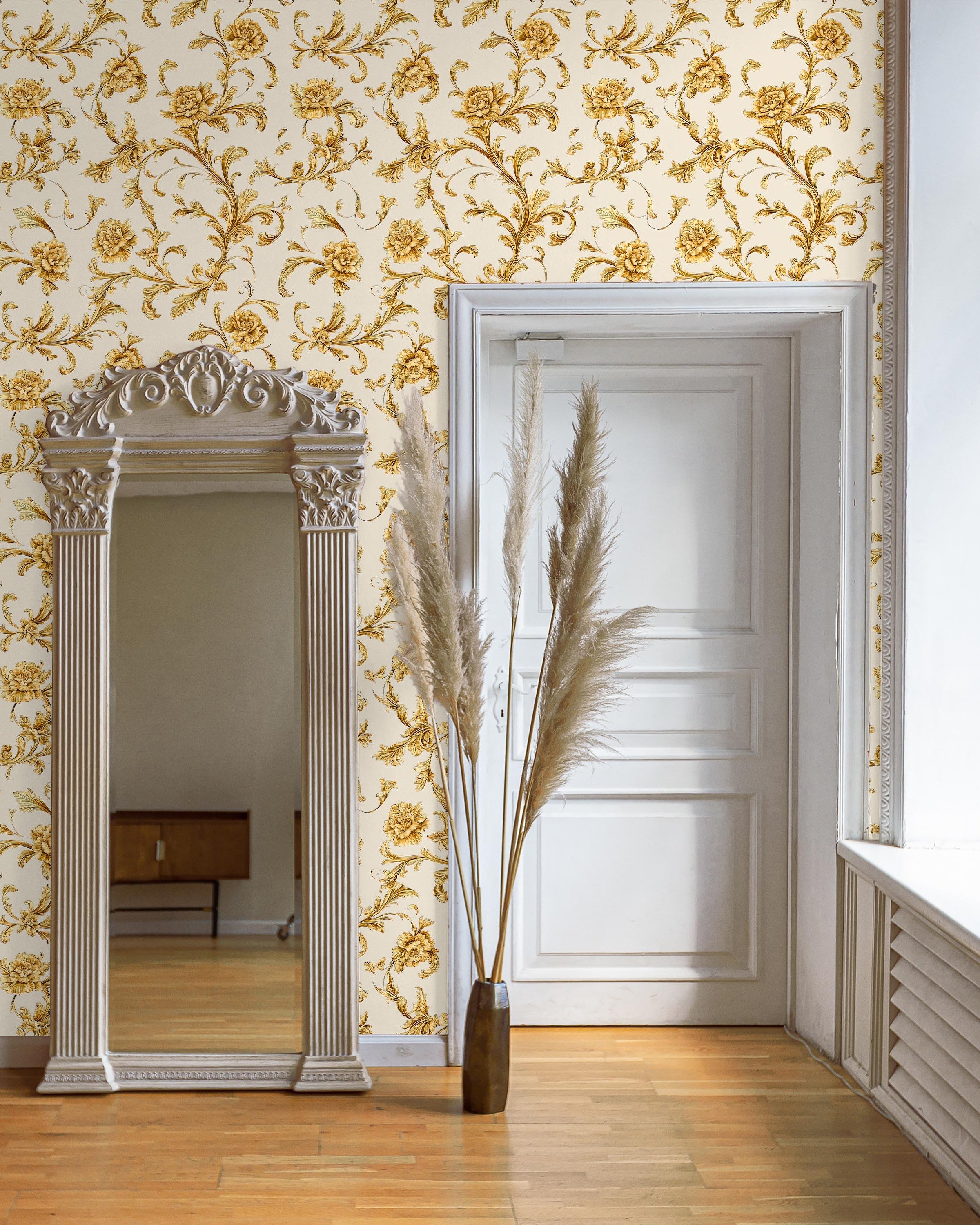 Baroque Floral Peel and Stick Wallpaper, Removable Wallpaper, Traditional Wallpaper - Cream | DeccoPrint