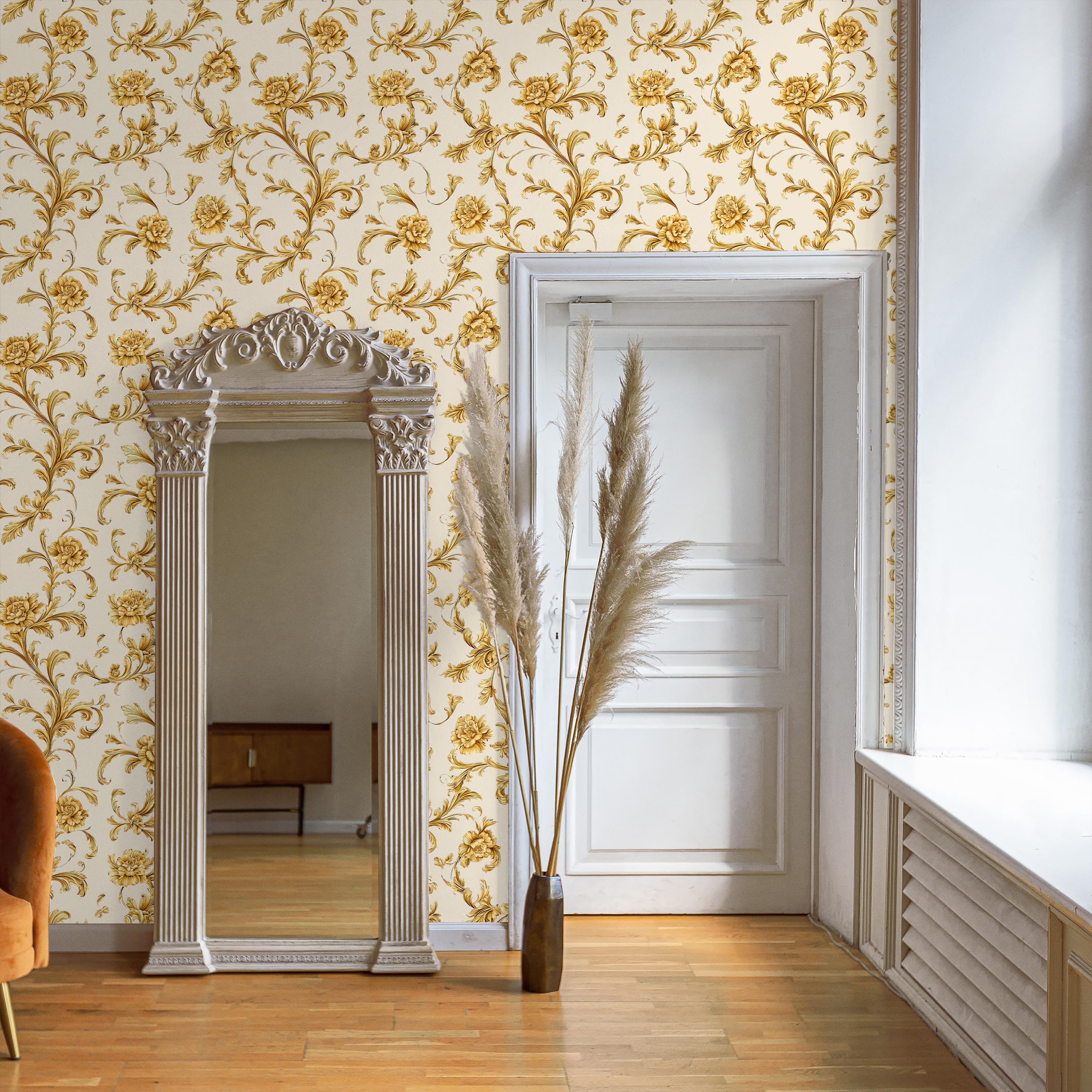 Baroque Floral Peel and Stick Wallpaper, Removable Wallpaper, Traditional Wallpaper - Cream | DeccoPrint