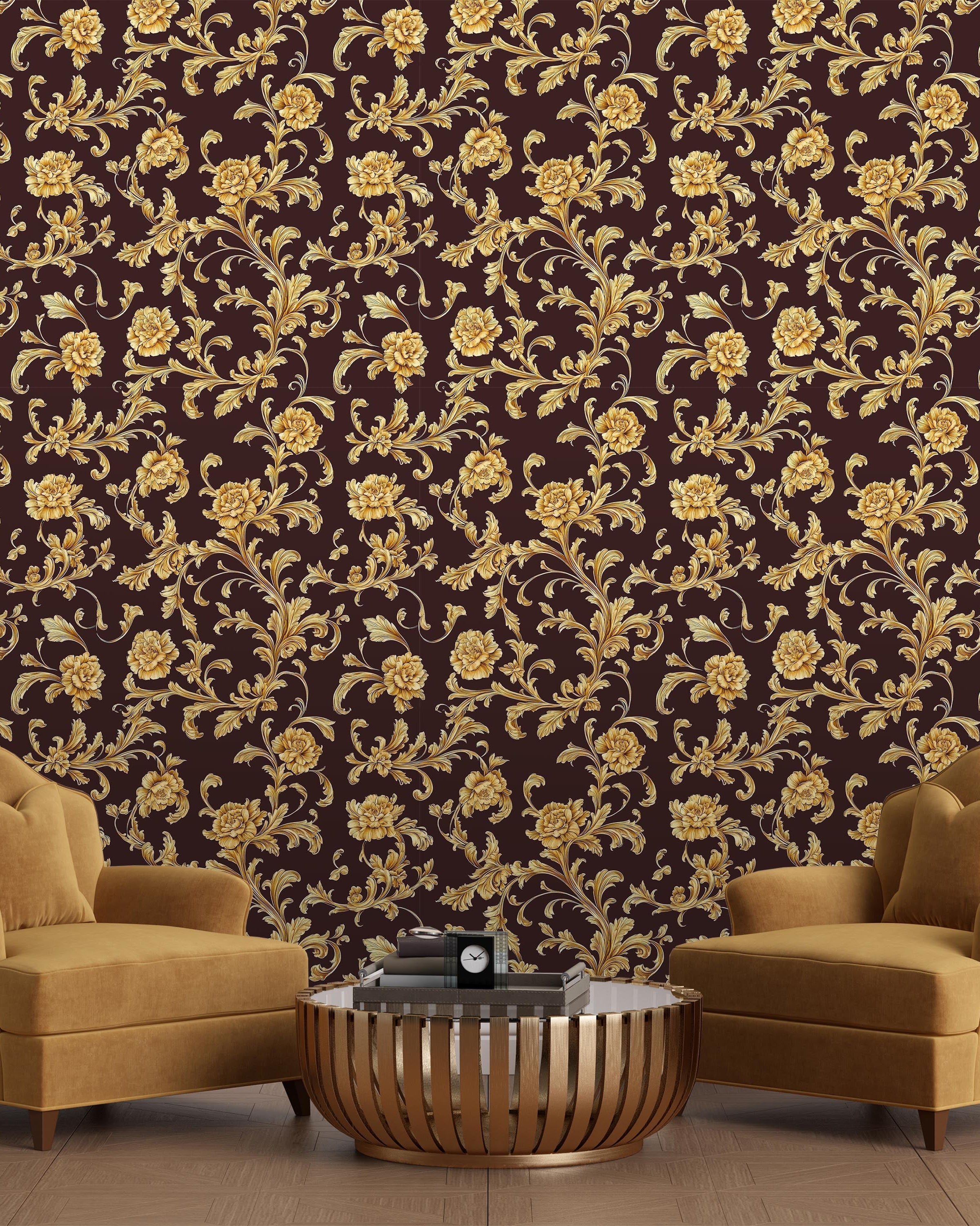 Baroque Floral Peel and Stick Wallpaper, Removable Wallpaper, Traditional Wallpaper - Burgundy Brown | DeccoPrint