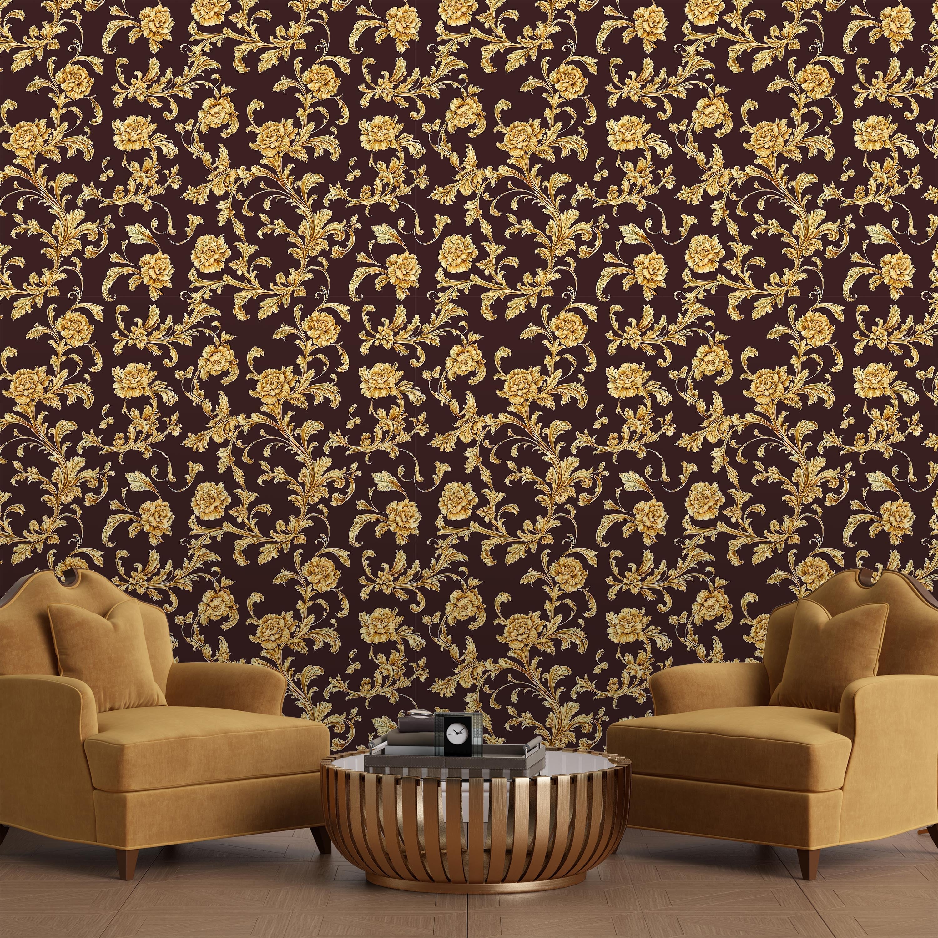 Baroque Floral Peel and Stick Wallpaper, Removable Wallpaper, Traditional Wallpaper - Burgundy Brown | DeccoPrint