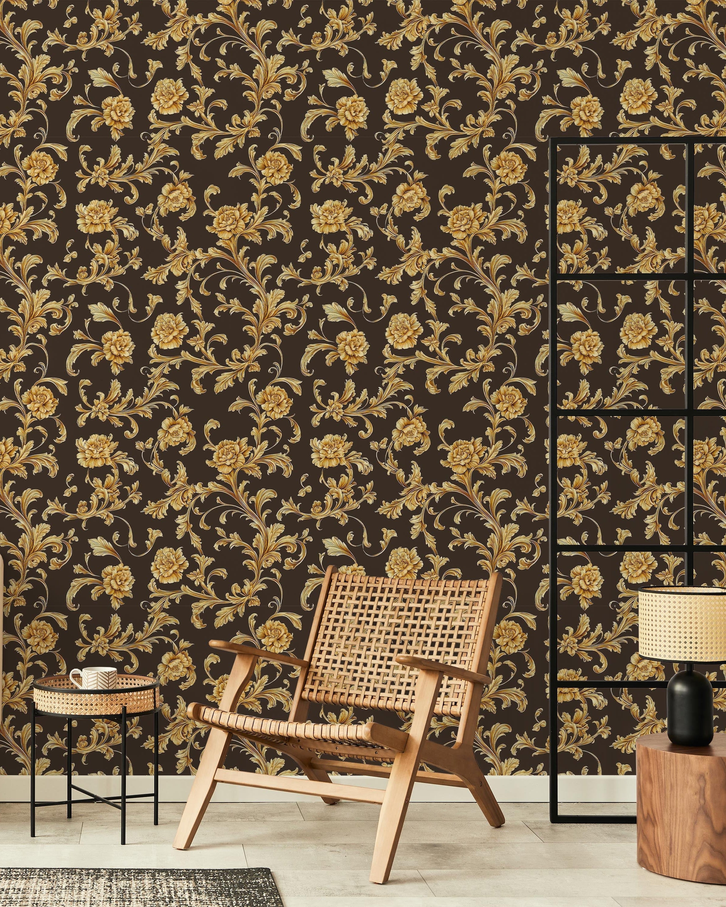 Baroque Floral Peel and Stick Wallpaper, Removable Wallpaper, Traditional Wallpaper - Cool Brown | DeccoPrint