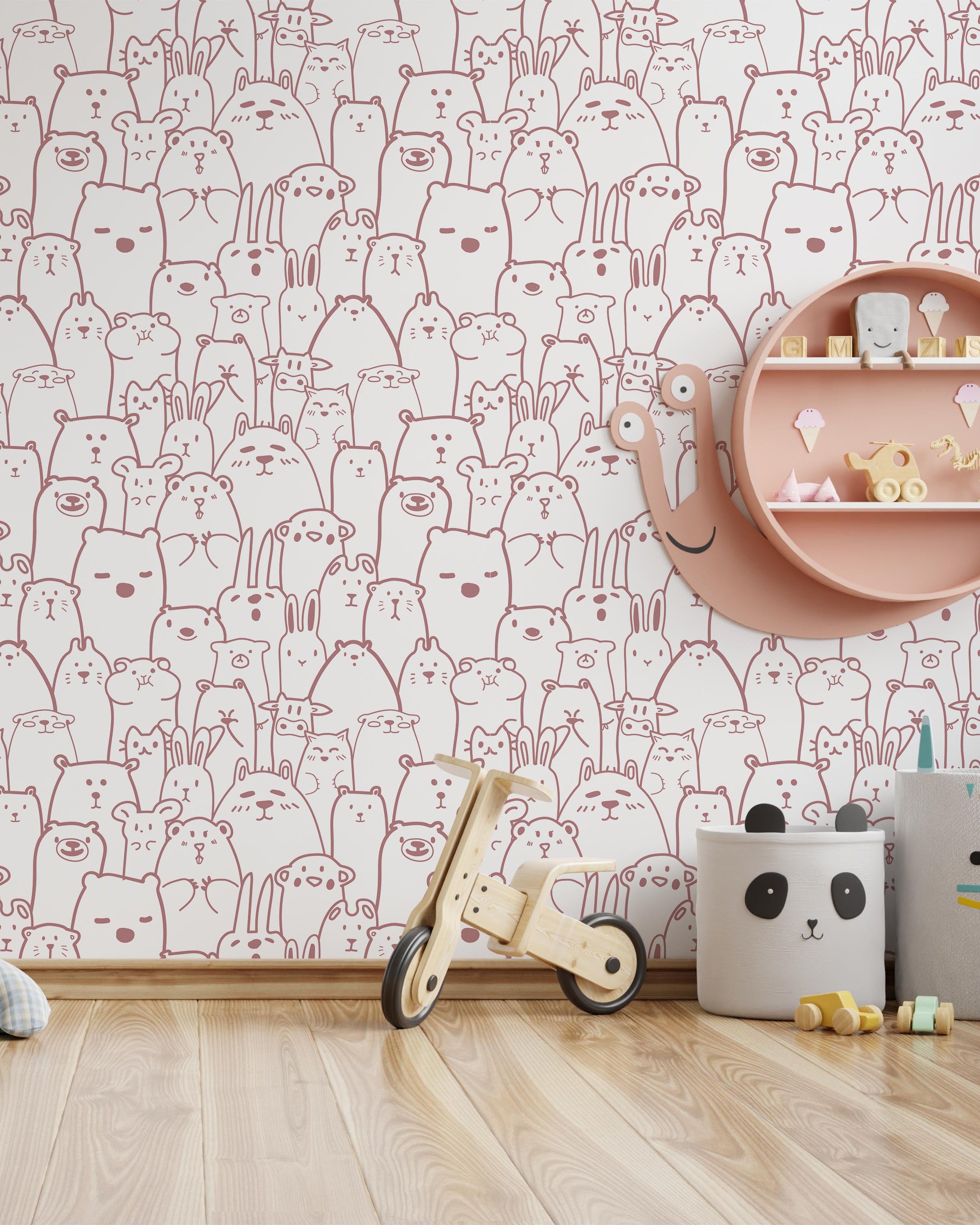 Animal Doodles Peel and Stick Wallpaper, Removable Wallpaper, Traditional Wallpaper - Pink | DeccoPrint