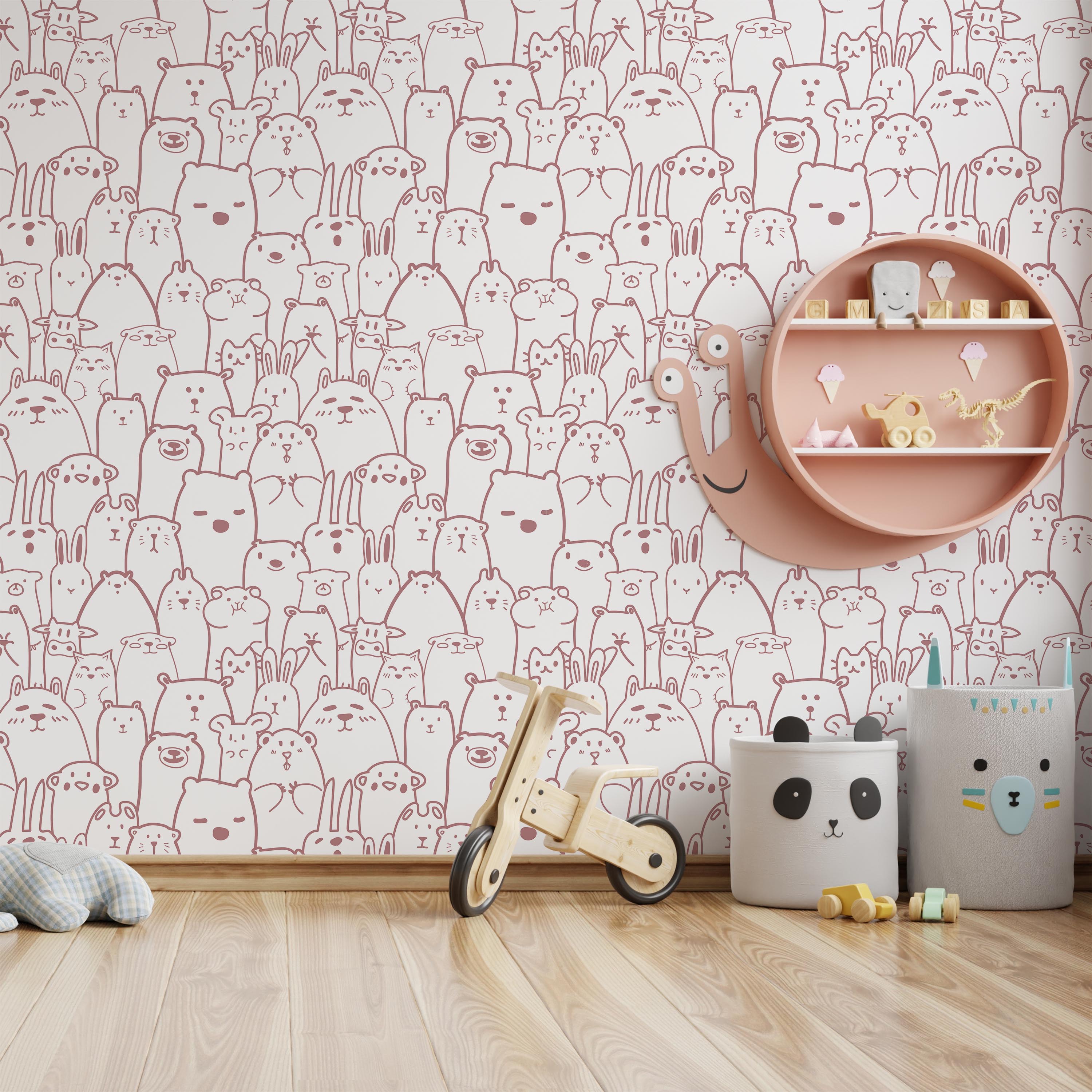 Animal Doodles Peel and Stick Wallpaper, Removable Wallpaper, Traditional Wallpaper - Pink | DeccoPrint