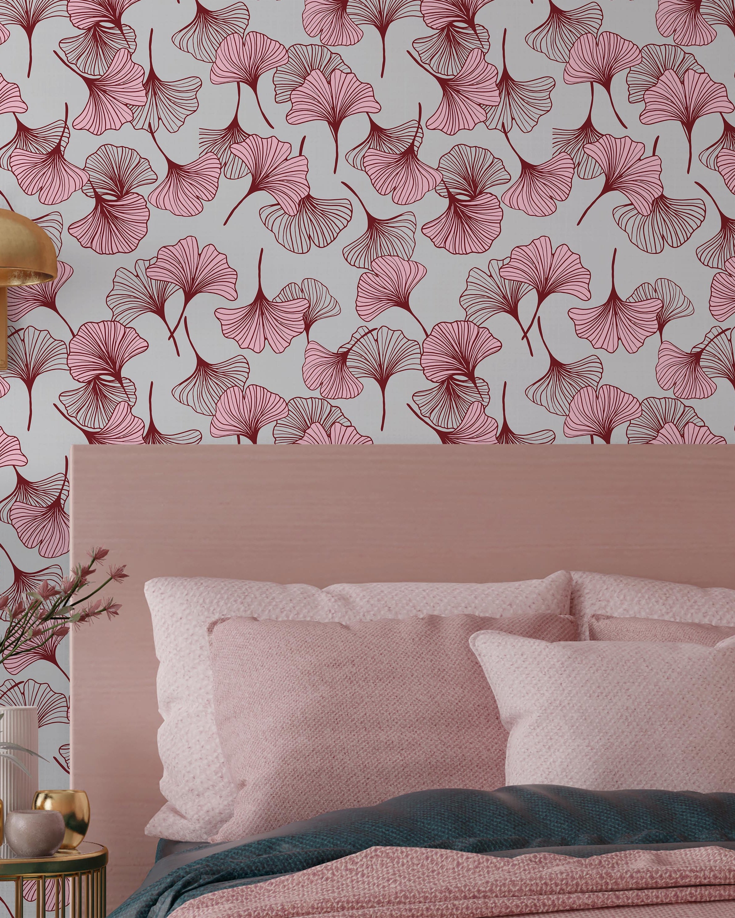 Ginkgo Garden Peel and Stick Wallpaper, Removable Wallpaper, Traditional Wallpaper - Pink | DeccoPrint